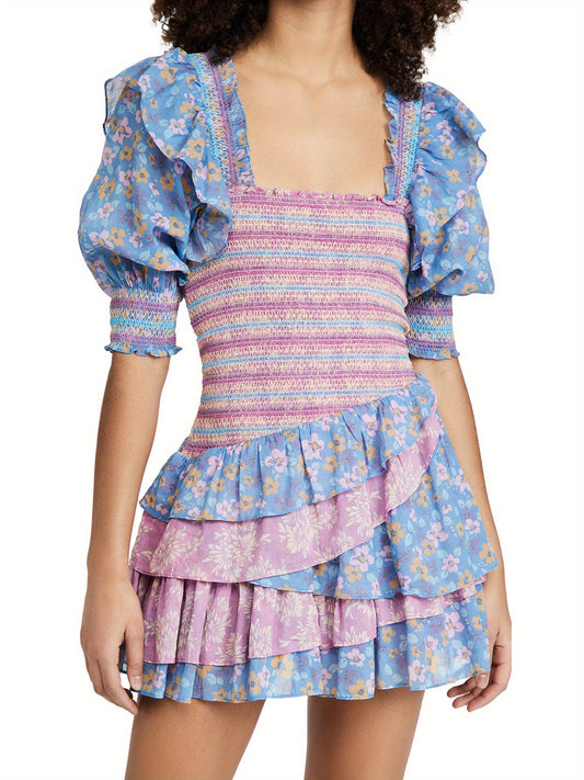 Women'S Elegant Summer A-Line Mini Dress with Short Puff Sleeves & Smocked Waist - Layered Ruffle Hem, Floral Print, Low-Cut Design for Casual or Dressy Occasions, Cute Summer Dresses, Delicate Sleeve Design