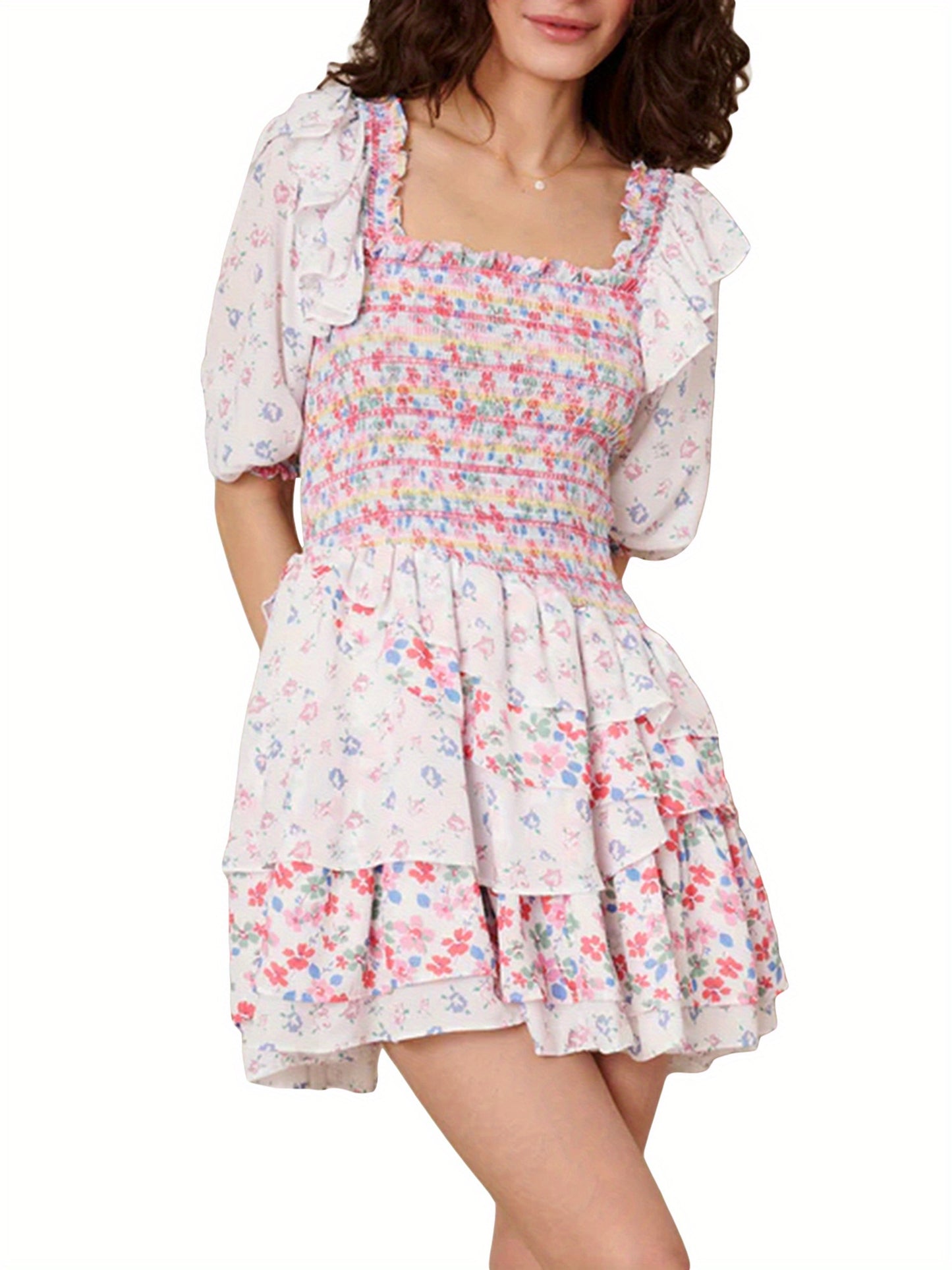 Women'S Elegant Summer A-Line Mini Dress with Short Puff Sleeves & Smocked Waist - Layered Ruffle Hem, Floral Print, Low-Cut Design for Casual or Dressy Occasions, Cute Summer Dresses, Delicate Sleeve Design