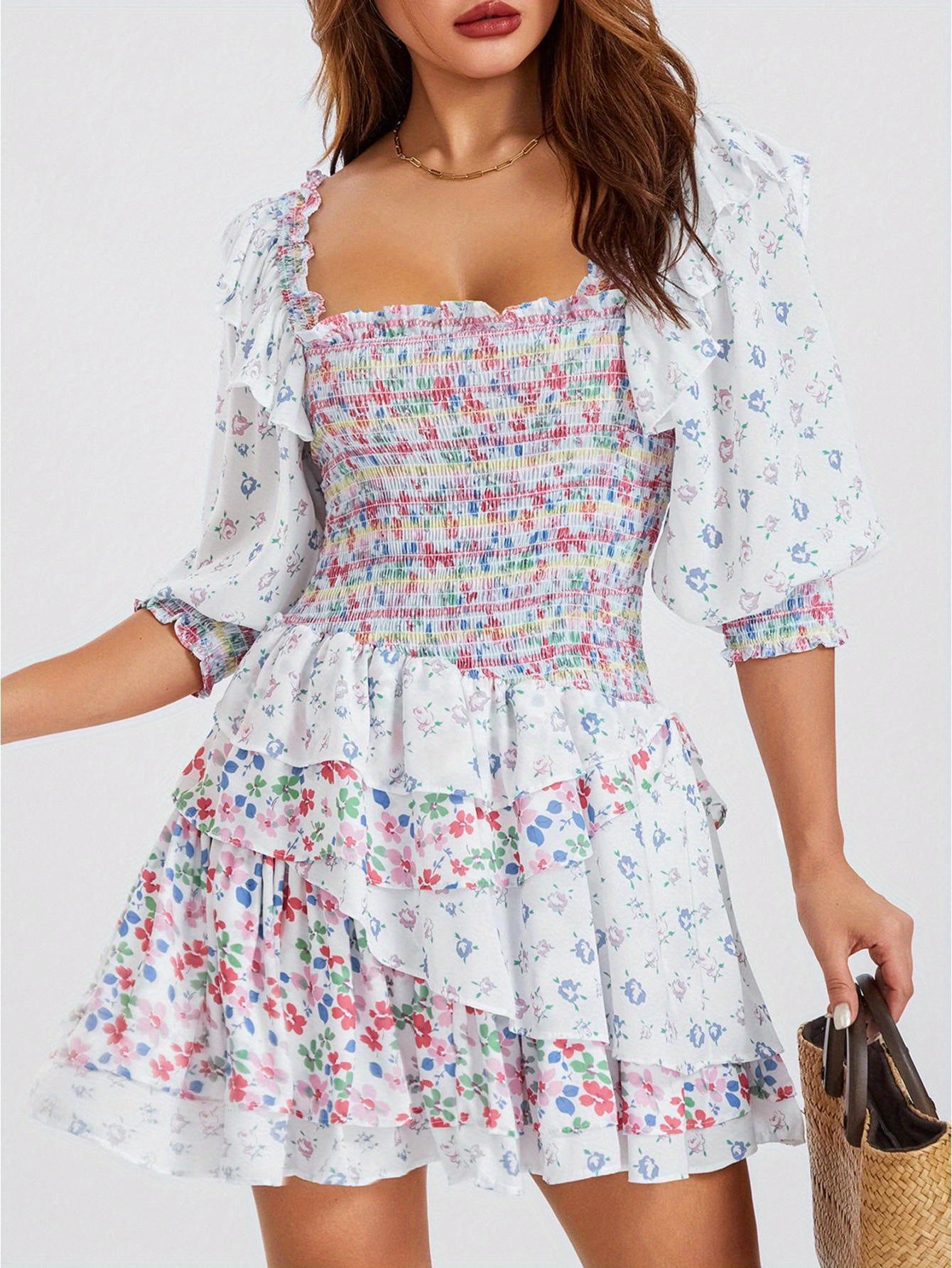 Women'S Elegant Summer A-Line Mini Dress with Short Puff Sleeves & Smocked Waist - Layered Ruffle Hem, Floral Print, Low-Cut Design for Casual or Dressy Occasions, Cute Summer Dresses, Delicate Sleeve Design