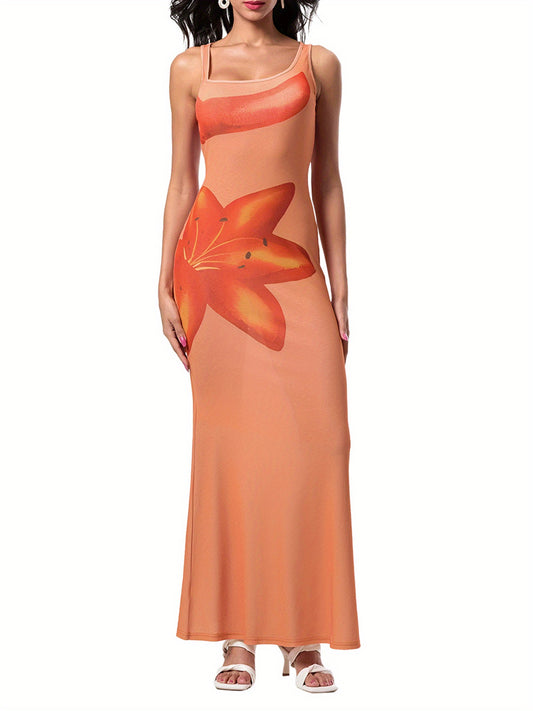 1pc Women'S Sexy Floral Print Bodycon Midi Dress - Sleeveless Asymmetrical Neck Tank Dress for All Seasons, Woven Polyester, Adult