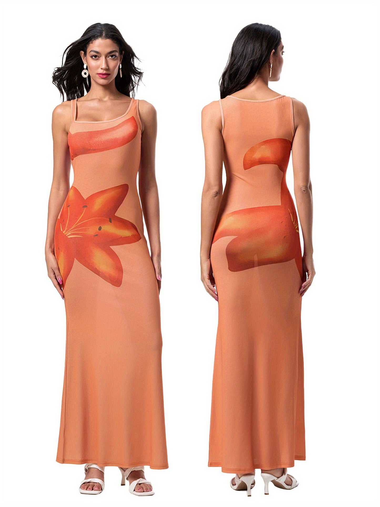 1pc Women'S Sexy Floral Print Bodycon Midi Dress - Sleeveless Asymmetrical Neck Tank Dress for All Seasons, Woven Polyester, Adult