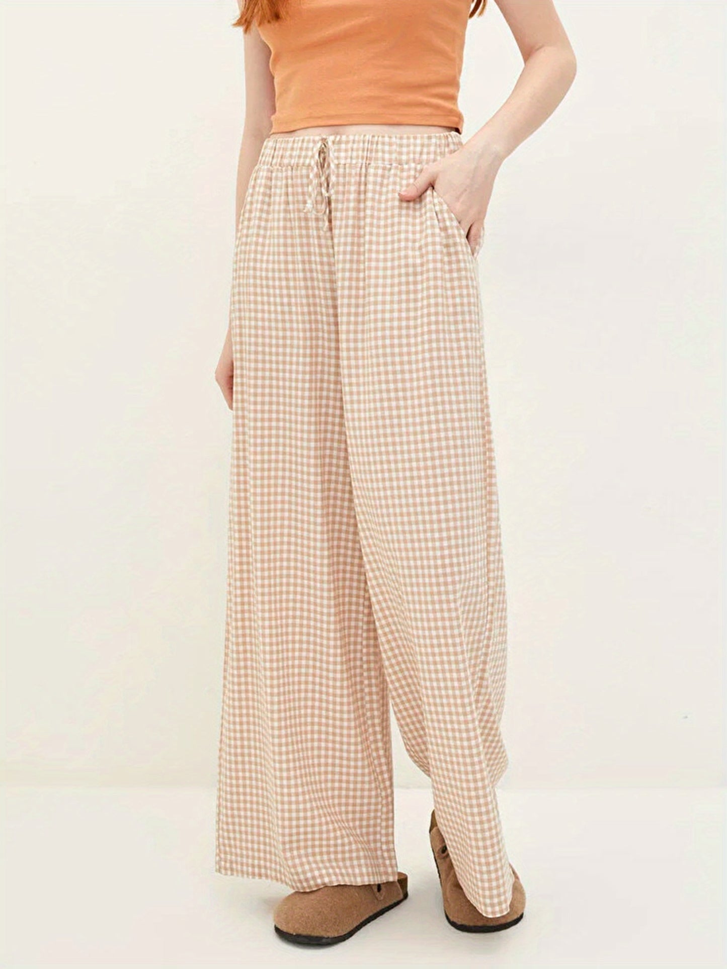 Elegant Wide Leg Palazzo Pants for Women with Drawstring, 100% Polyester Knit Fabric, Plaid Print, All-Season Comfort, Harem Style Casual Trousers