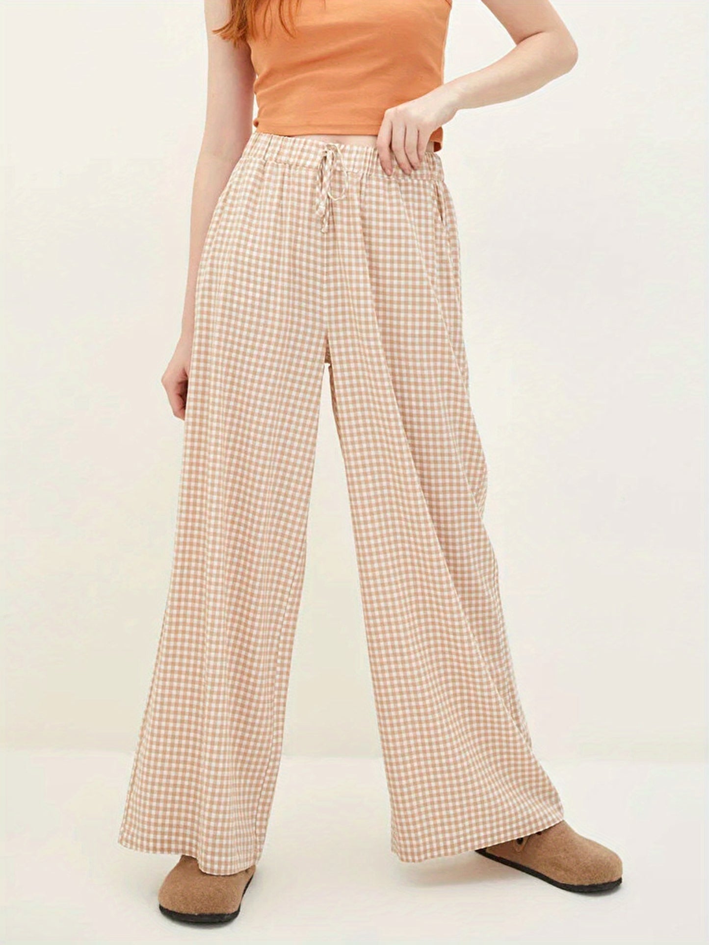 Elegant Wide Leg Palazzo Pants for Women with Drawstring, 100% Polyester Knit Fabric, Plaid Print, All-Season Comfort, Harem Style Casual Trousers