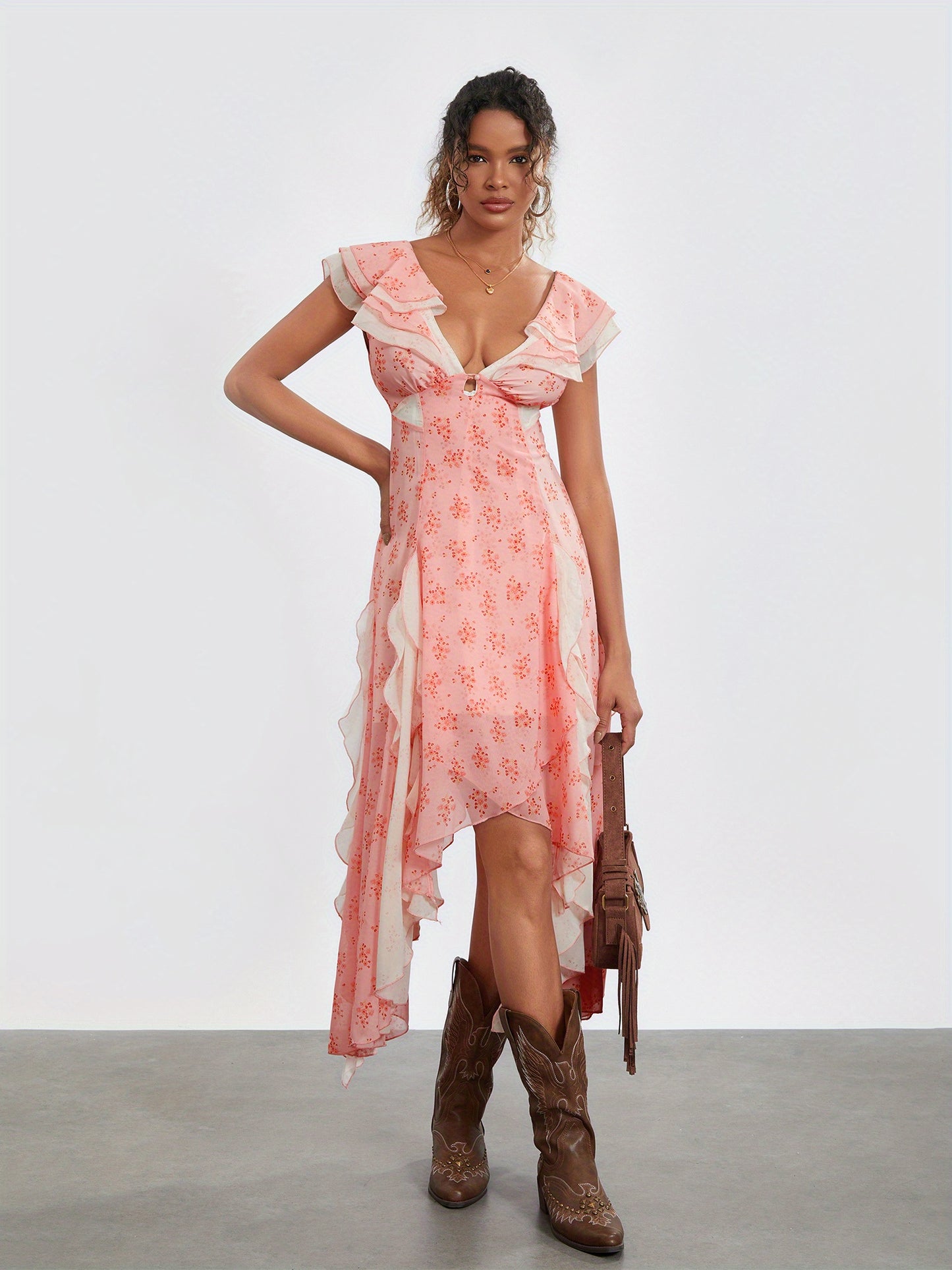 Women Summer Casual Midi Dress Floral Print Ruffles Fly Sleeve V-Neck Dress Fashion Holiday Beach Dress
