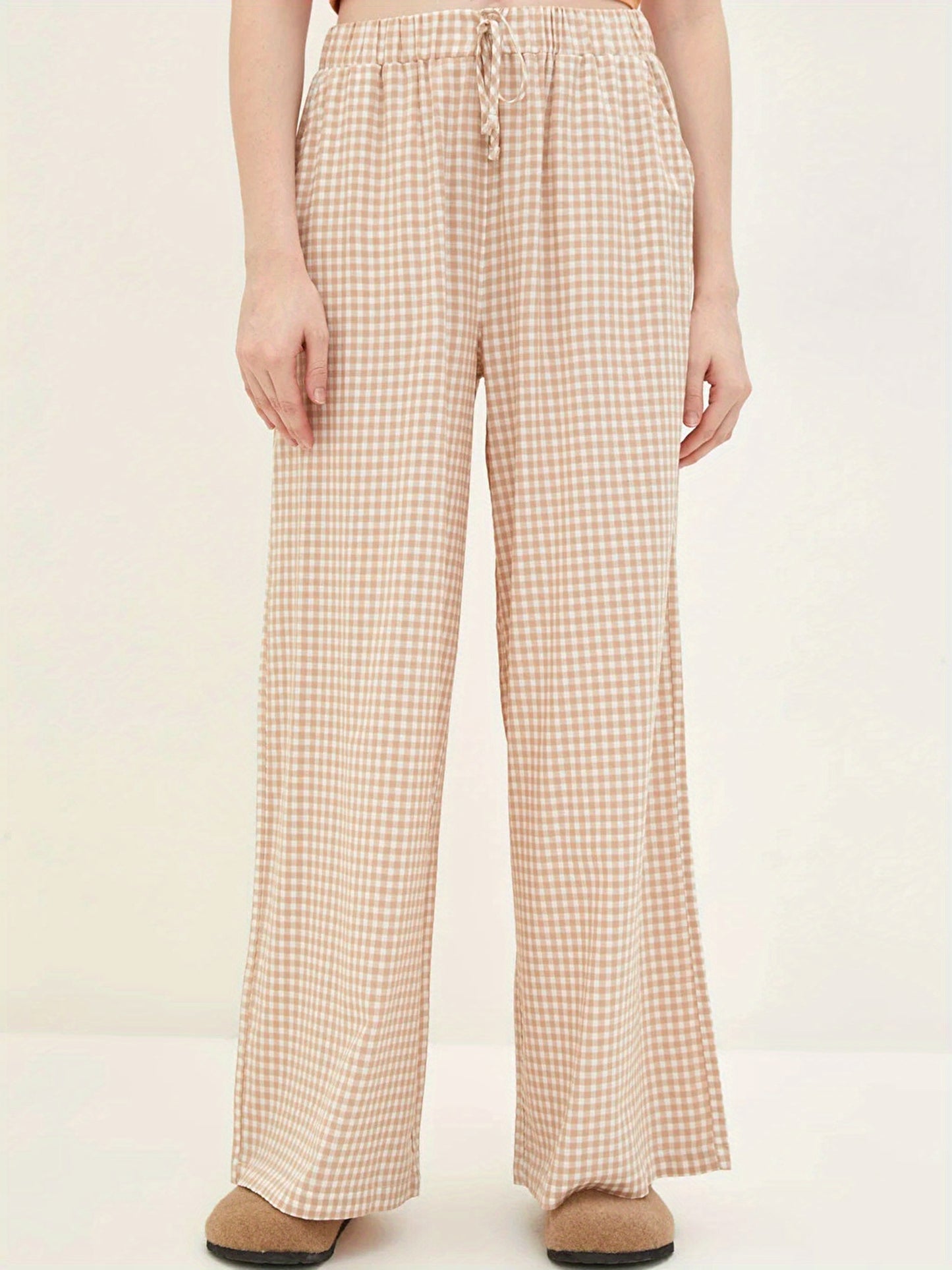 Elegant Wide Leg Palazzo Pants for Women with Drawstring, 100% Polyester Knit Fabric, Plaid Print, All-Season Comfort, Harem Style Casual Trousers