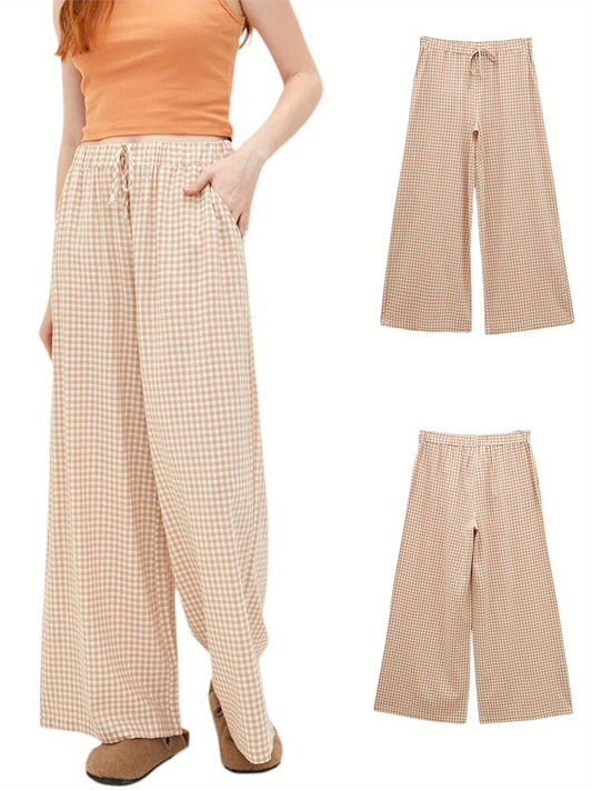 Elegant Wide Leg Palazzo Pants for Women with Drawstring, 100% Polyester Knit Fabric, Plaid Print, All-Season Comfort, Harem Style Casual Trousers