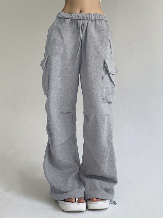 1pc Women'S High Waist Polyester Cargo Sweatpants - Casual Loose Fit Solid Color Parachute Pants with Flap Pockets, Ruched Design, Knit Fabric for Spring\u002FFall