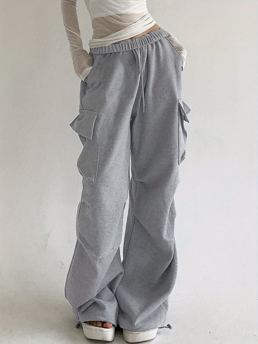 1pc Women'S High Waist Polyester Cargo Sweatpants - Casual Loose Fit Solid Color Parachute Pants with Flap Pockets, Ruched Design, Knit Fabric for Spring\u002FFall