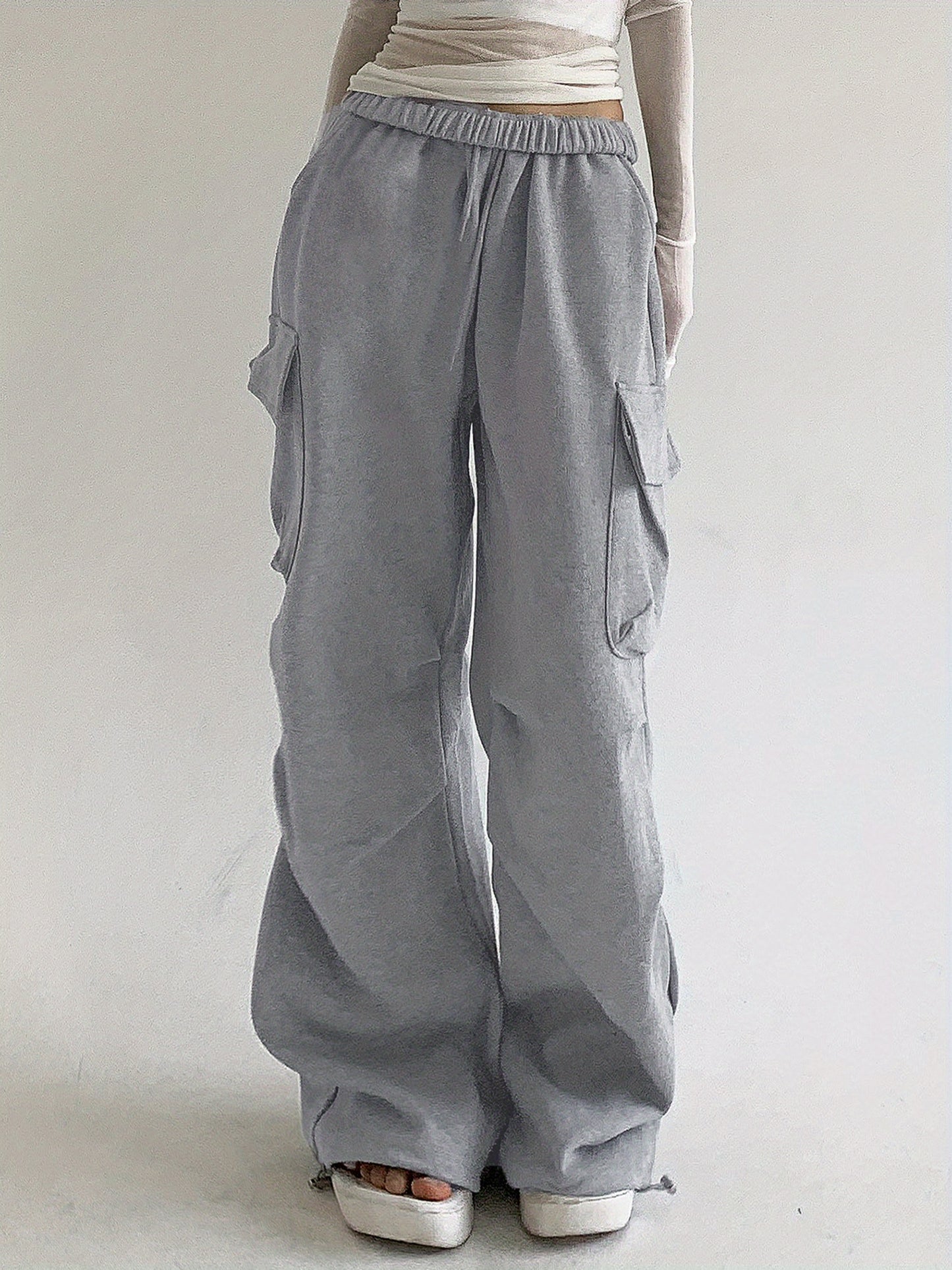 1pc Women'S High Waist Polyester Cargo Sweatpants - Casual Loose Fit Solid Color Parachute Pants with Flap Pockets, Ruched Design, Knit Fabric for Spring\u002FFall