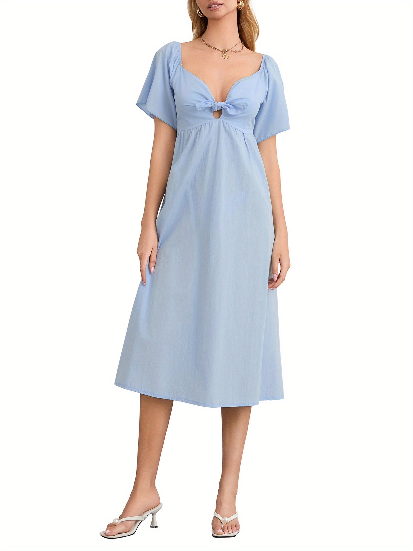 1pc Elegant Women'S Midi Dress - Sexy Square Neckline, Knotted V-Neck Detail, Ruched Short Sleeves, A-Line Silhouette, Polyester Woven Fabric, Solid Color, Versatile for All Seasons