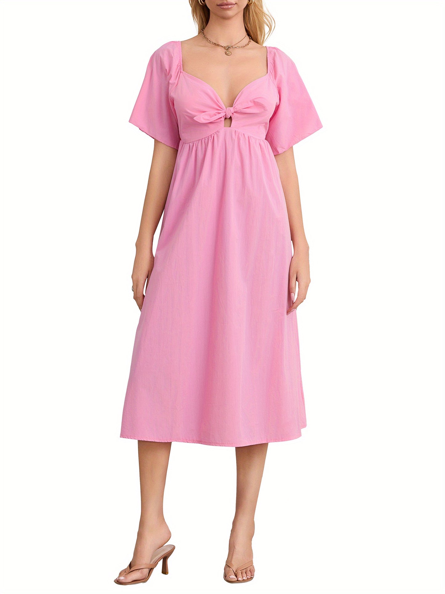 1pc Elegant Women'S Midi Dress - Sexy Square Neckline, Knotted V-Neck Detail, Ruched Short Sleeves, A-Line Silhouette, Polyester Woven Fabric, Solid Color, Versatile for All Seasons