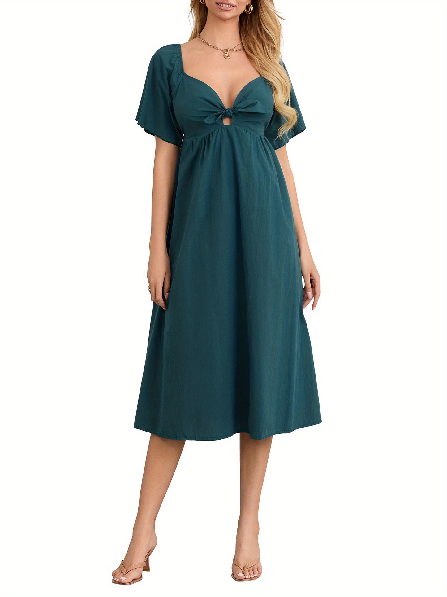 1pc Elegant Women'S Midi Dress - Sexy Square Neckline, Knotted V-Neck Detail, Ruched Short Sleeves, A-Line Silhouette, Polyester Woven Fabric, Solid Color, Versatile for All Seasons