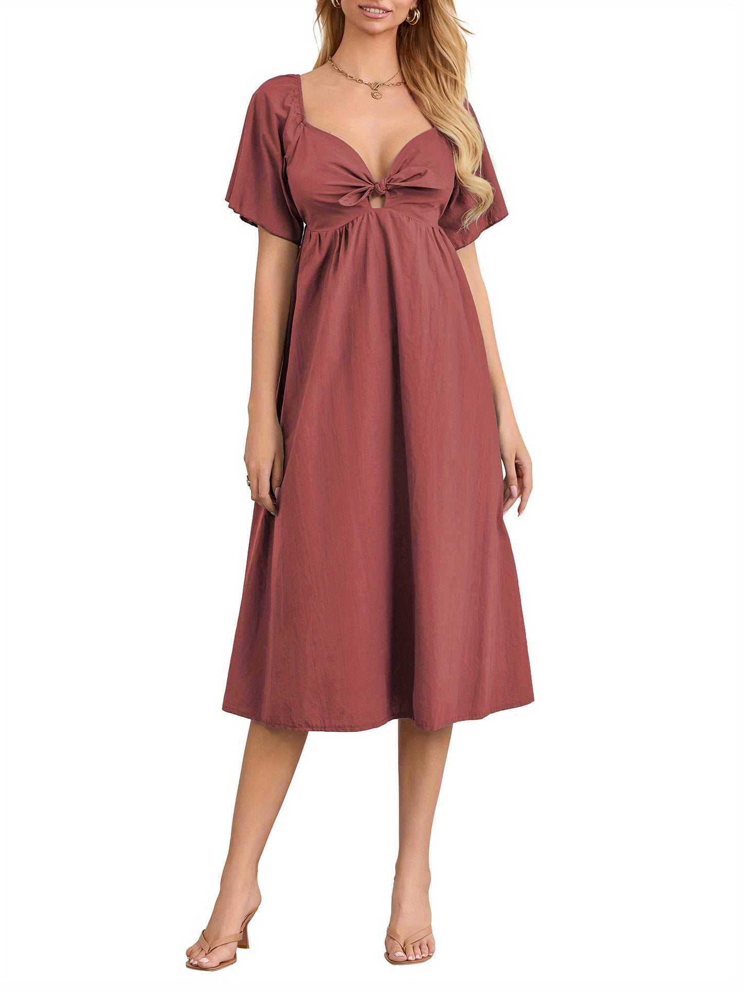 1pc Elegant Women'S Midi Dress - Sexy Square Neckline, Knotted V-Neck Detail, Ruched Short Sleeves, A-Line Silhouette, Polyester Woven Fabric, Solid Color, Versatile for All Seasons