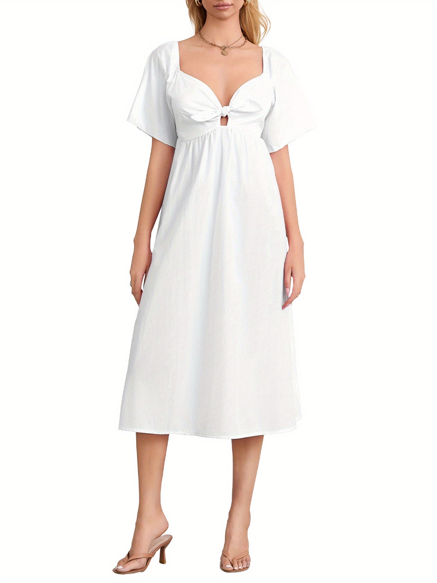 1pc Elegant Women'S Midi Dress - Sexy Square Neckline, Knotted V-Neck Detail, Ruched Short Sleeves, A-Line Silhouette, Polyester Woven Fabric, Solid Color, Versatile for All Seasons
