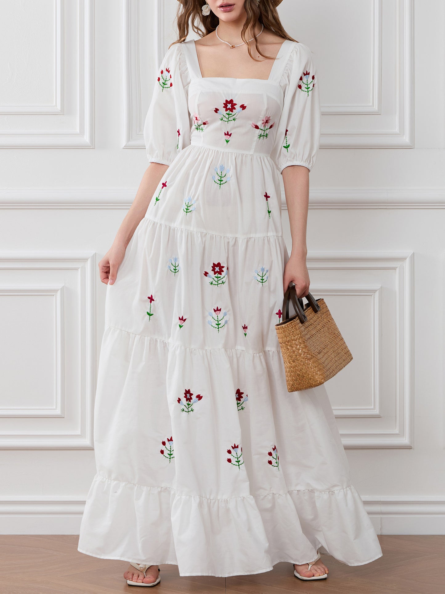 Women's Elegant Floral-like long dress - Flowy A-Line Formal & casual event gown, with Square Neckline, for Wedding, Party, Everyday Outfits - Spring\u002FSummer\u002FFall Dresses, Seasonal Fashion, Smocked Embroidery, Lightweight Fabric