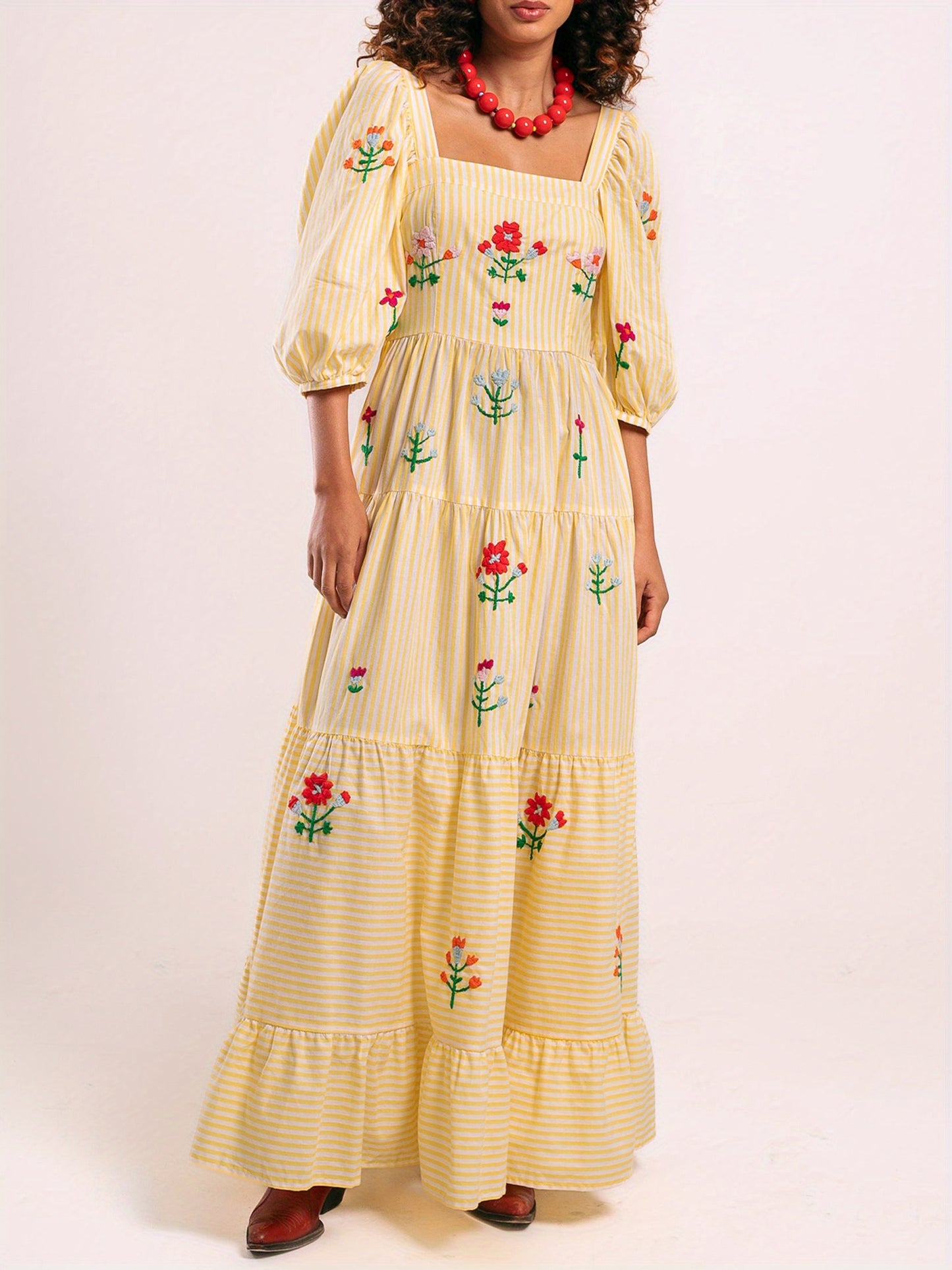 Women's Elegant Floral-like long dress - Flowy A-Line Formal & casual event gown, with Square Neckline, for Wedding, Party, Everyday Outfits - Spring\u002FSummer\u002FFall Dresses, Seasonal Fashion, Smocked Embroidery, Lightweight Fabric