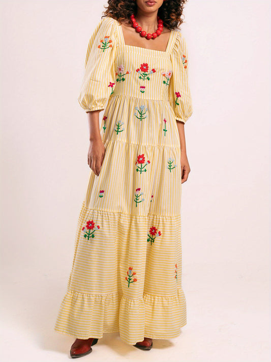 Women's Elegant Floral-like long dress - Flowy A-Line Formal & casual event gown, with Square Neckline, for Wedding, Party, Everyday Outfits - Spring\u002FSummer\u002FFall Dresses, Seasonal Fashion, Smocked Embroidery, Lightweight Fabric