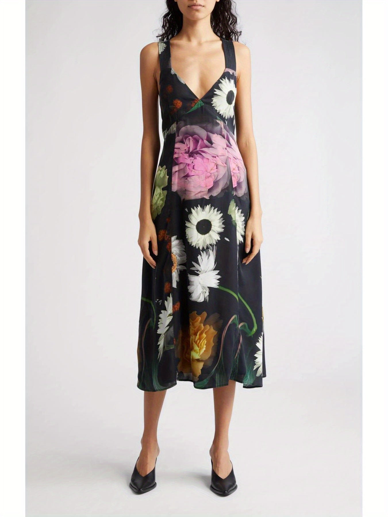 1pc Women'S Floral V-Neck Backless Slip Dress - Casual Polyester Knit Fabric, Double Layer, Loose Fit, Adult Summer Beach Vacation Style