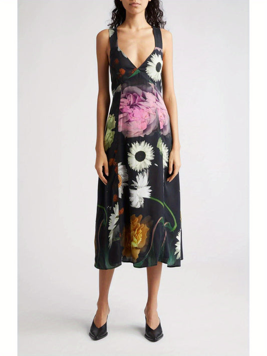 1pc Women'S Floral V-Neck Backless Slip Dress - Casual Polyester Knit Fabric, Double Layer, Loose Fit, Adult Summer Beach Vacation Style