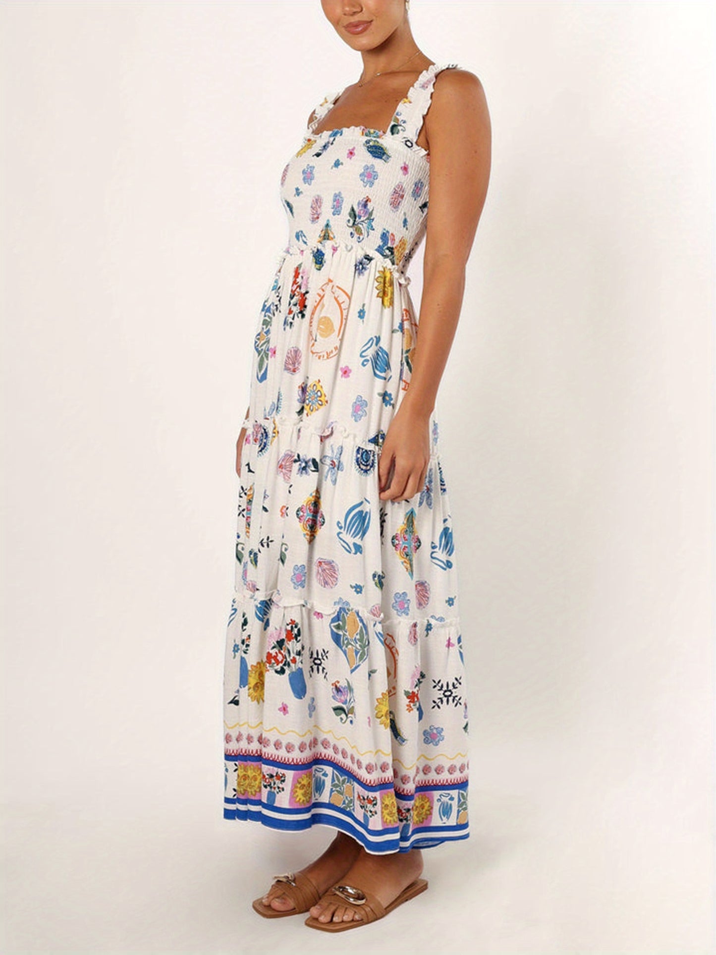 1pc Women'S Vacation Style Strapless A-Line Dress - Sleeveless Backless Polyester Beach Dress with Color Block Floral & Fruit Print, Woven Flowy Dress for All Seasons