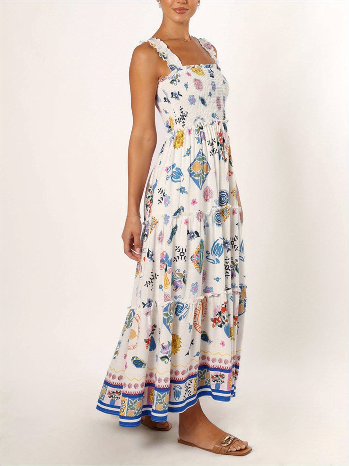 1pc Women'S Vacation Style Strapless A-Line Dress - Sleeveless Backless Polyester Beach Dress with Color Block Floral & Fruit Print, Woven Flowy Dress for All Seasons