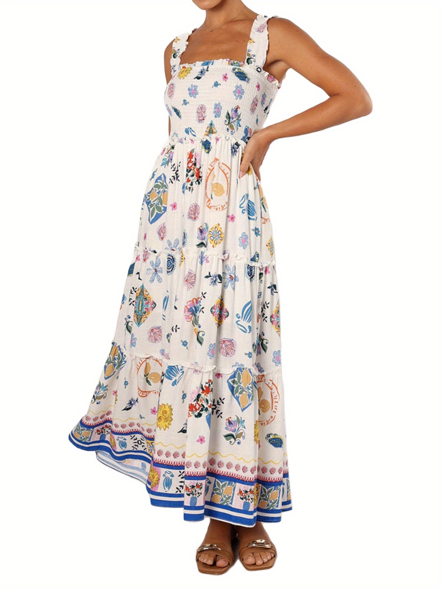 1pc Women'S Vacation Style Strapless A-Line Dress - Sleeveless Backless Polyester Beach Dress with Color Block Floral & Fruit Print, Woven Flowy Dress for All Seasons