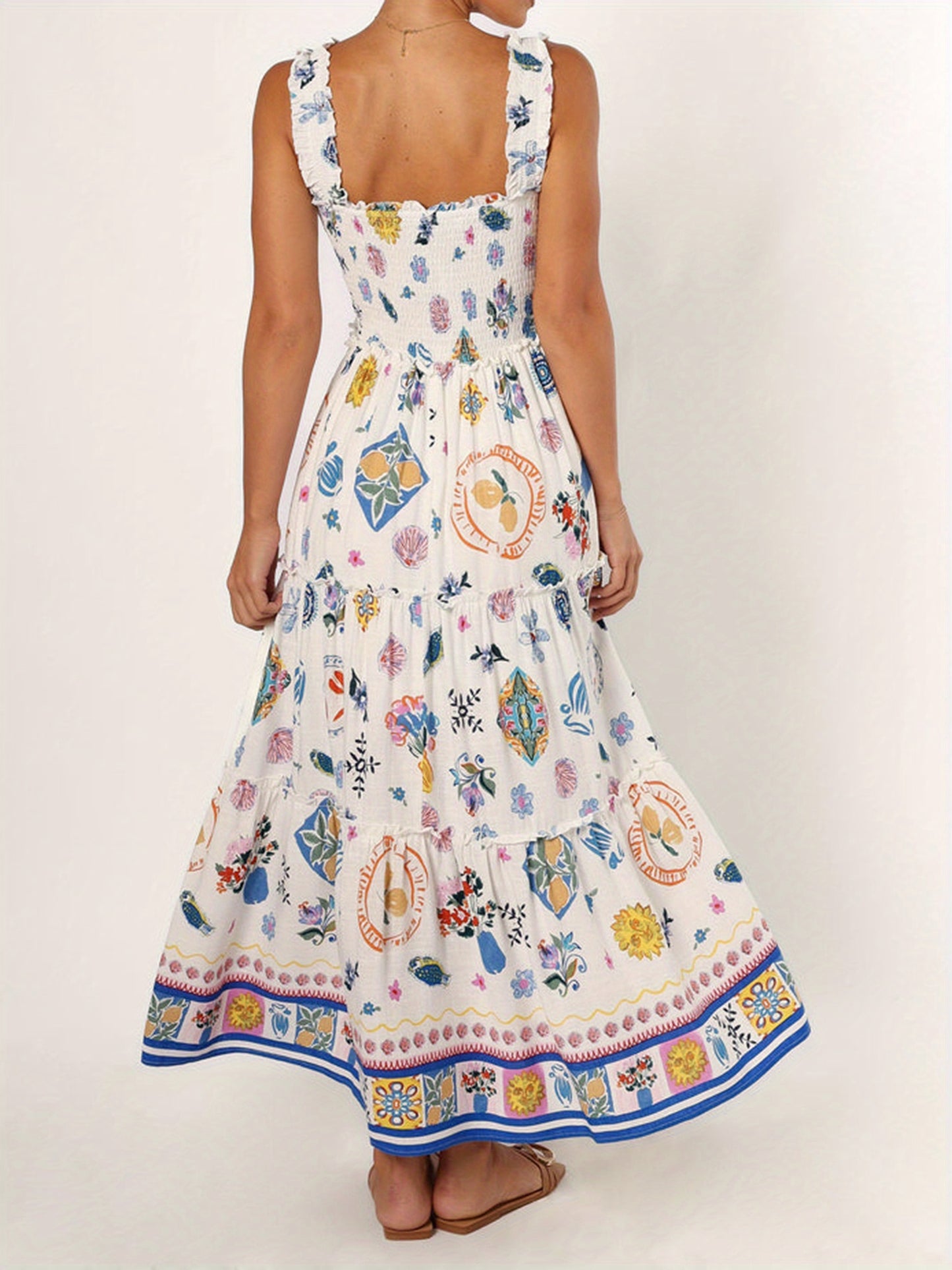 1pc Women'S Vacation Style Strapless A-Line Dress - Sleeveless Backless Polyester Beach Dress with Color Block Floral & Fruit Print, Woven Flowy Dress for All Seasons