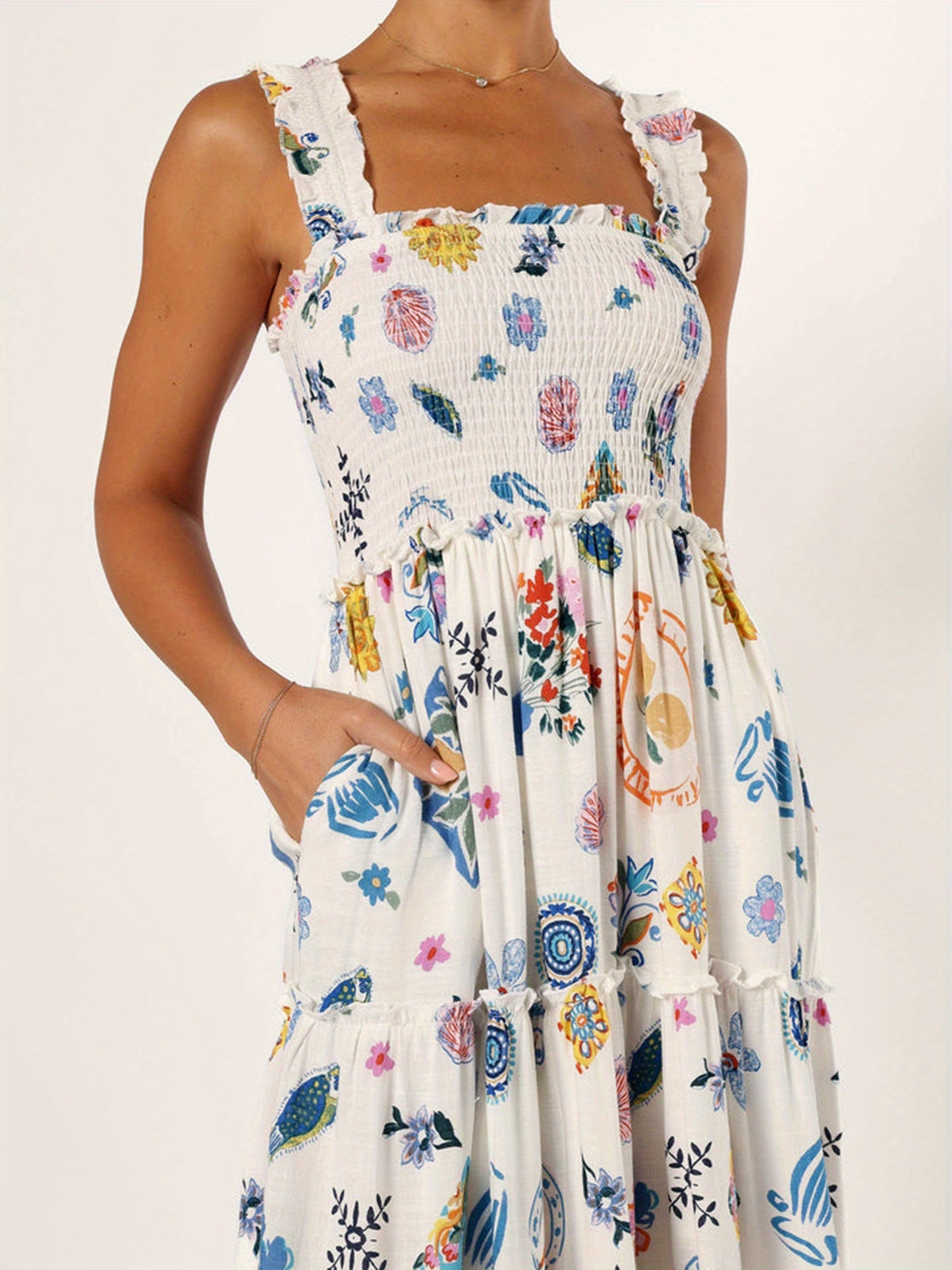 1pc Women'S Vacation Style Strapless A-Line Dress - Sleeveless Backless Polyester Beach Dress with Color Block Floral & Fruit Print, Woven Flowy Dress for All Seasons