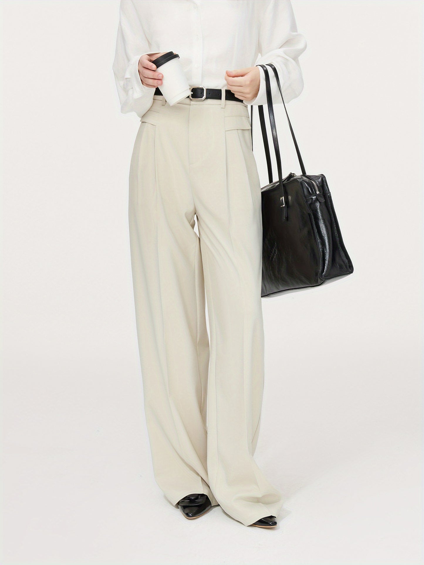 Polyester Chic Trousers for Women - High Waist, Wide Leg, Belted, Casual Pants for Fall Season