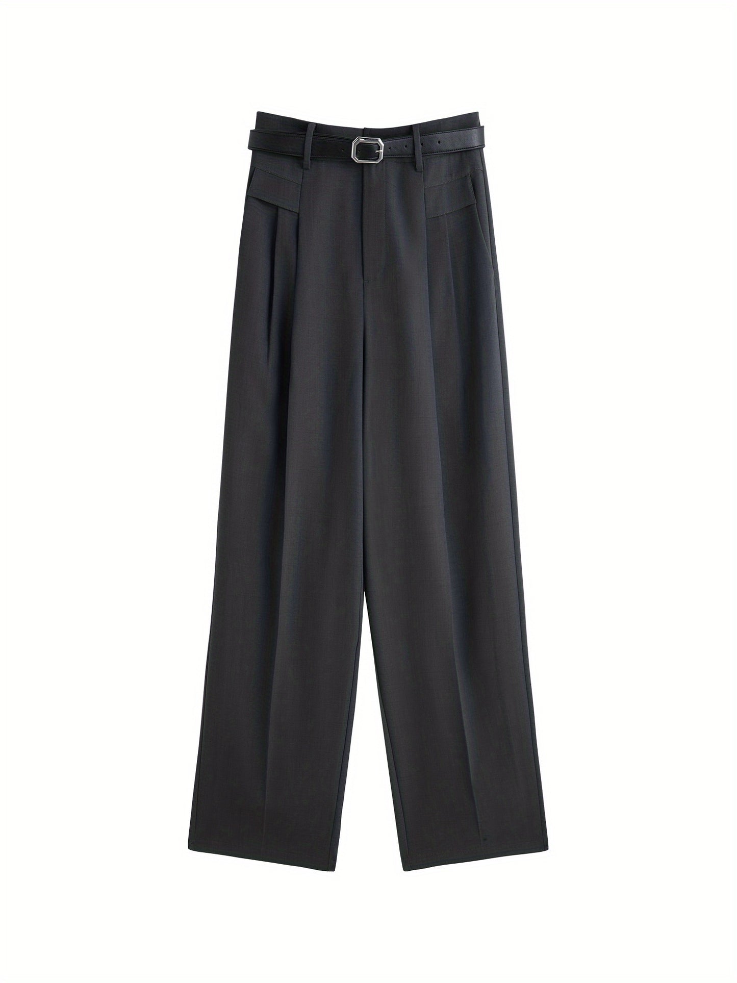 Polyester Chic Trousers for Women - High Waist, Wide Leg, Belted, Casual Pants for Fall Season