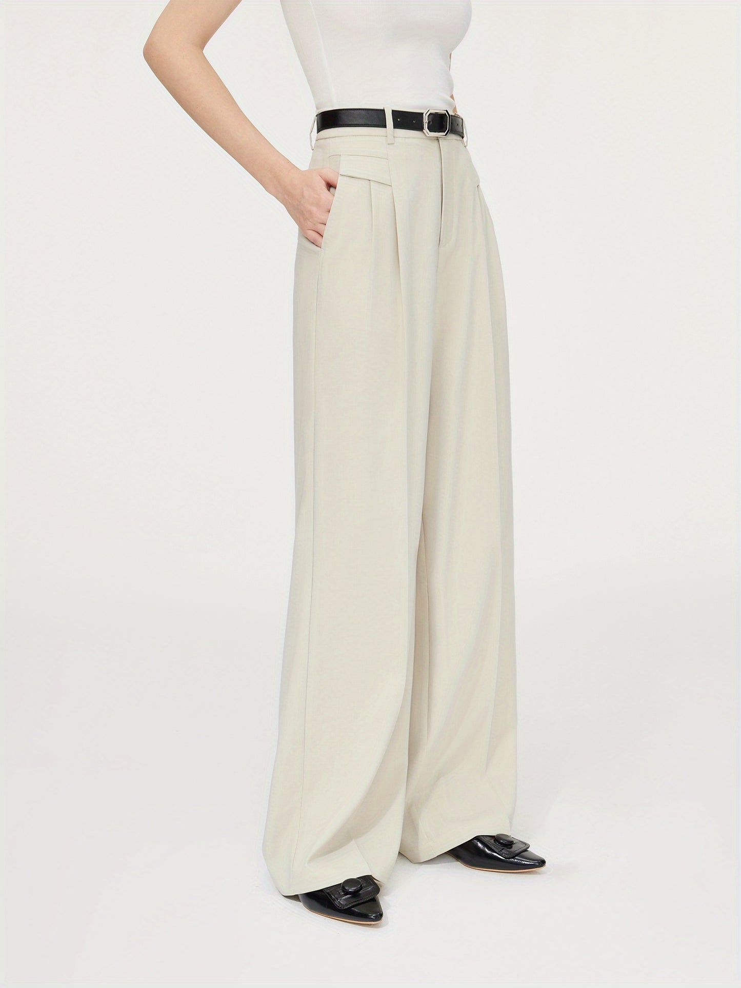Polyester Chic Trousers for Women - High Waist, Wide Leg, Belted, Casual Pants for Fall Season