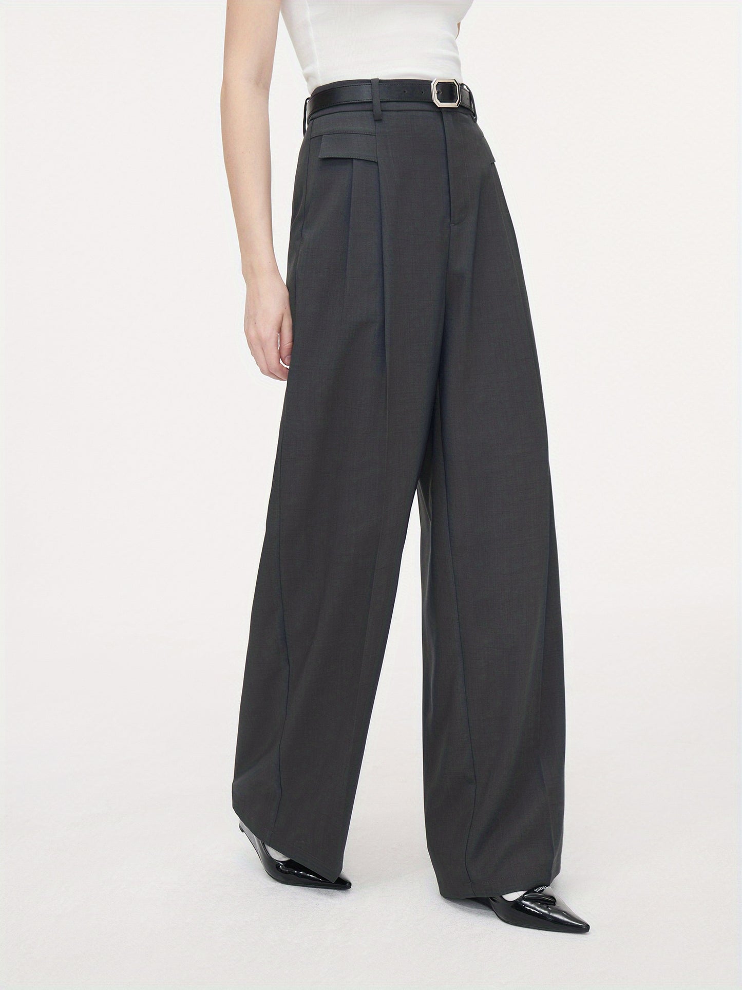 Polyester Chic Trousers for Women - High Waist, Wide Leg, Belted, Casual Pants for Fall Season