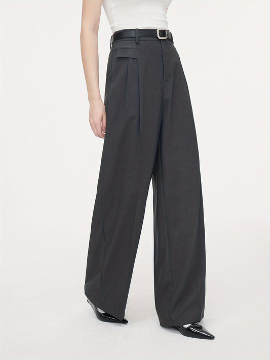 Polyester Chic Trousers for Women - High Waist, Wide Leg, Belted, Casual Pants for Fall Season