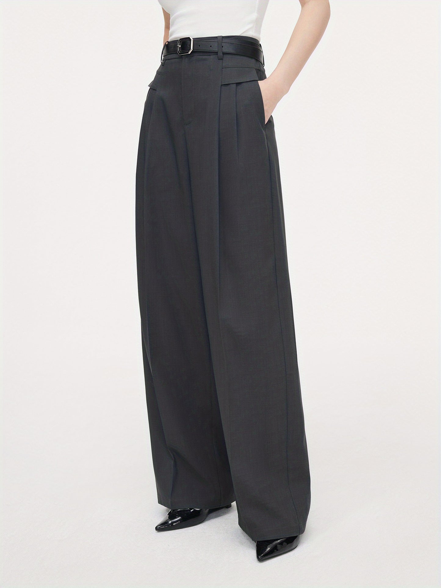 Polyester Chic Trousers for Women - High Waist, Wide Leg, Belted, Casual Pants for Fall Season