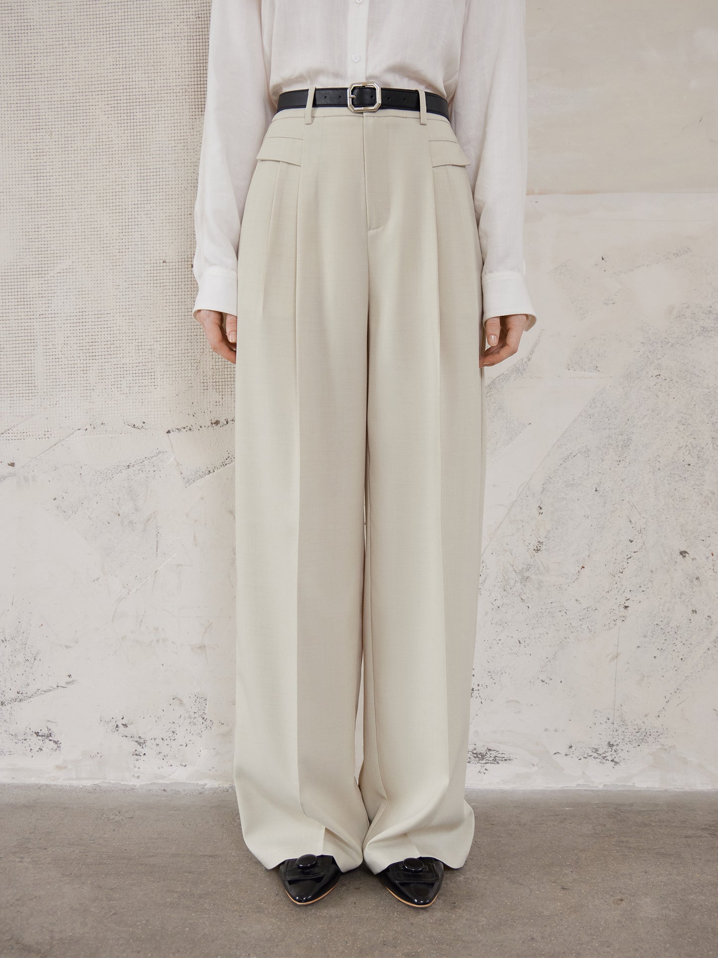 Polyester Chic Trousers for Women - High Waist, Wide Leg, Belted, Casual Pants for Fall Season