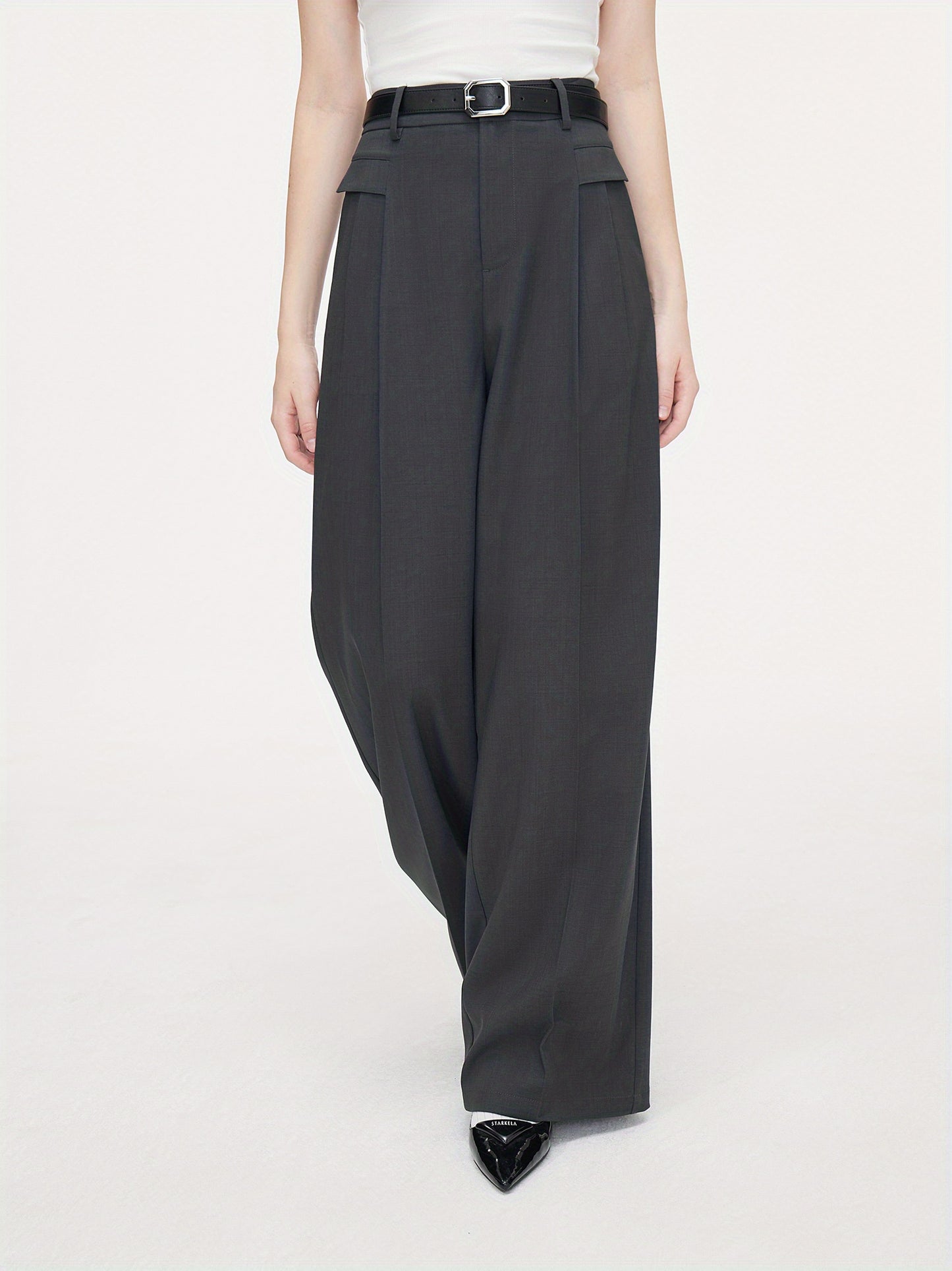 Polyester Chic Trousers for Women - High Waist, Wide Leg, Belted, Casual Pants for Fall Season