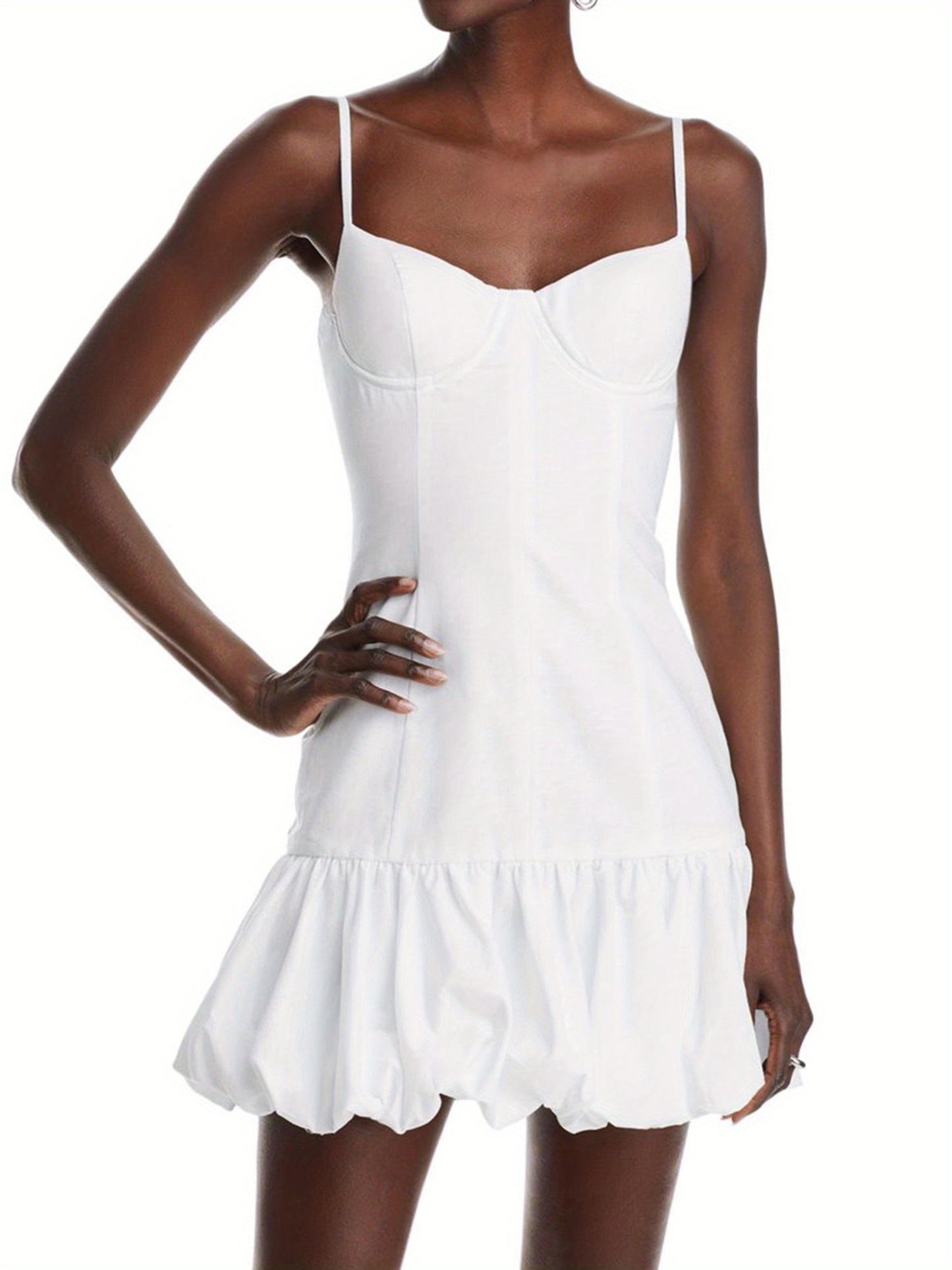 Women Mini Dress Solid Color Spaghetti Strap Sleeveless Dress Summer Fashion Bubble Hem Casual Cami Dress