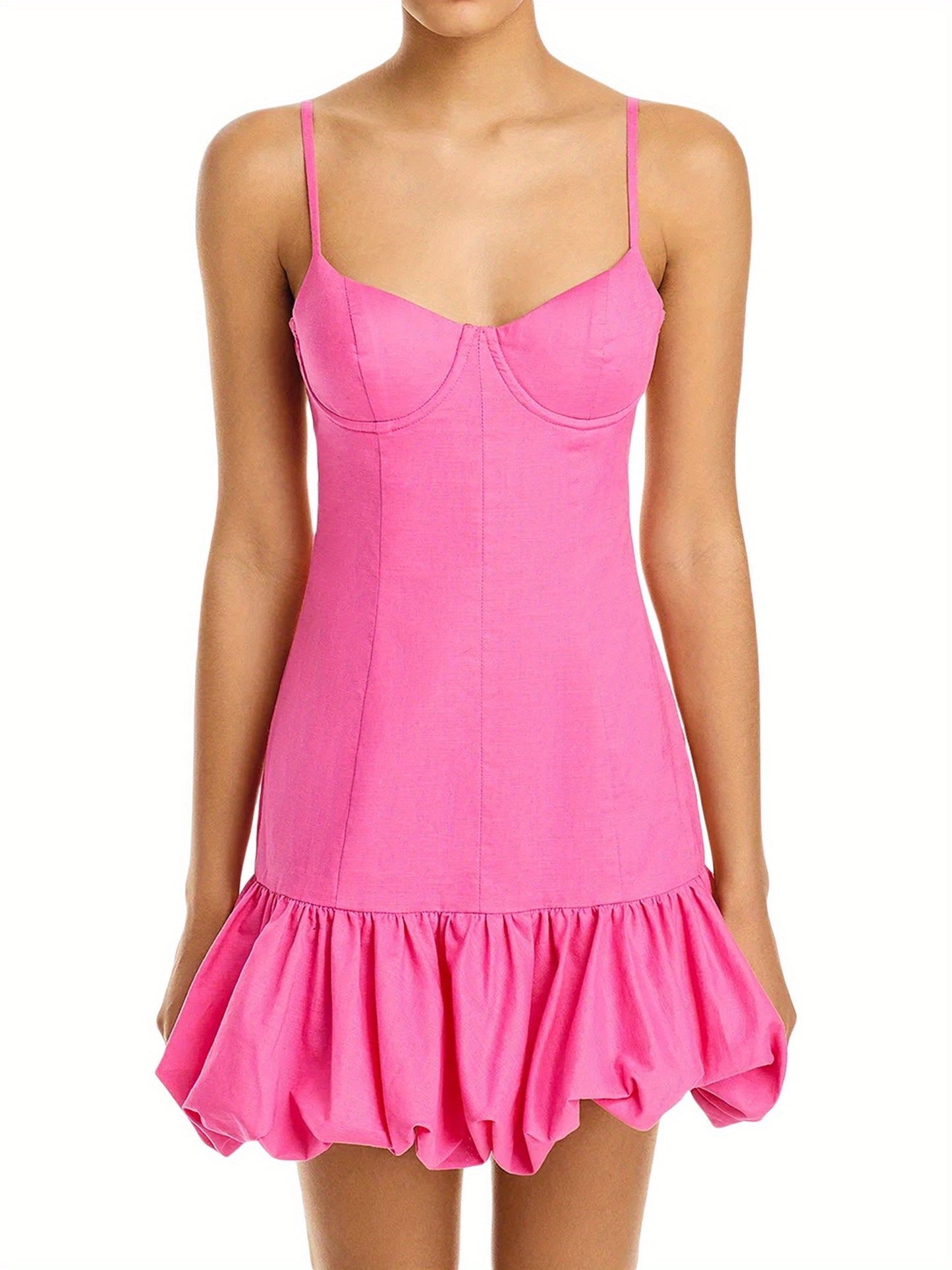 Women Mini Dress Solid Color Spaghetti Strap Sleeveless Dress Summer Fashion Bubble Hem Casual Cami Dress