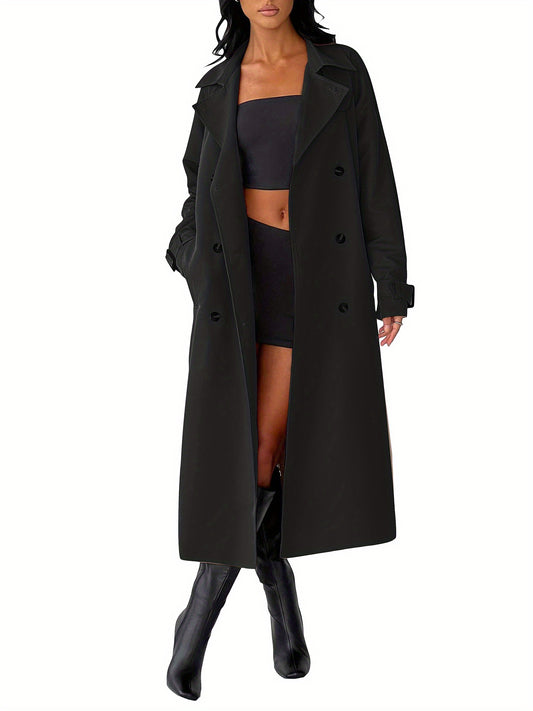 1pc Elegant Women'S Trench Coat - Sexy Solid Color Double-Breasted Long Sleeve Windbreaker with Belt, Polyester Woven Button Front Streetwear Outerwear