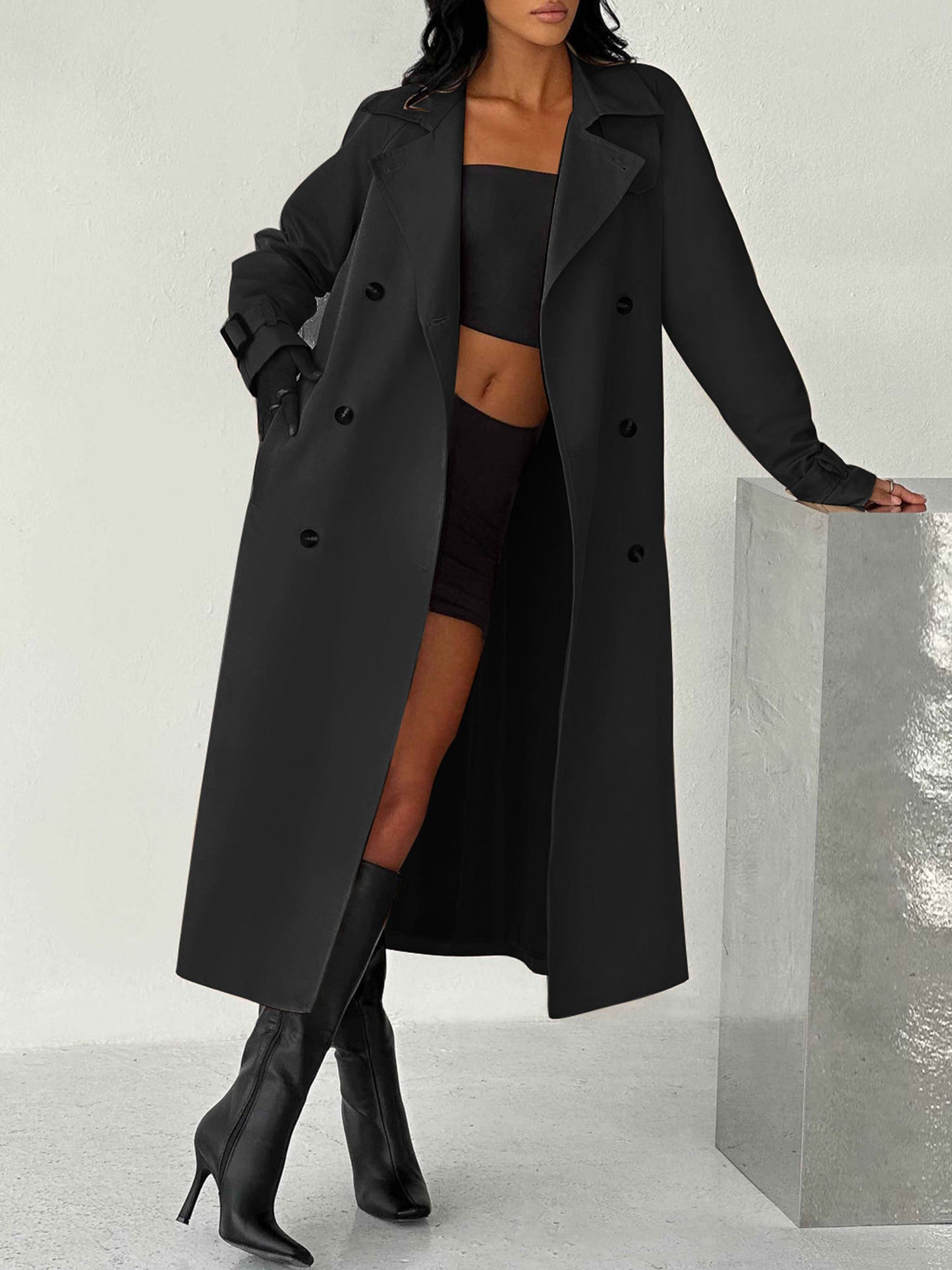 1pc Elegant Women'S Trench Coat - Sexy Solid Color Double-Breasted Long Sleeve Windbreaker with Belt, Polyester Woven Button Front Streetwear Outerwear