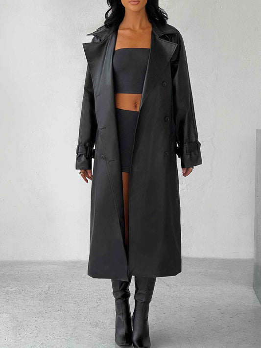1pc Elegant Women'S Trench Coat - Sexy Solid Color Double-Breasted Long Sleeve Windbreaker with Belt, Polyester Woven Button Front Streetwear Outerwear