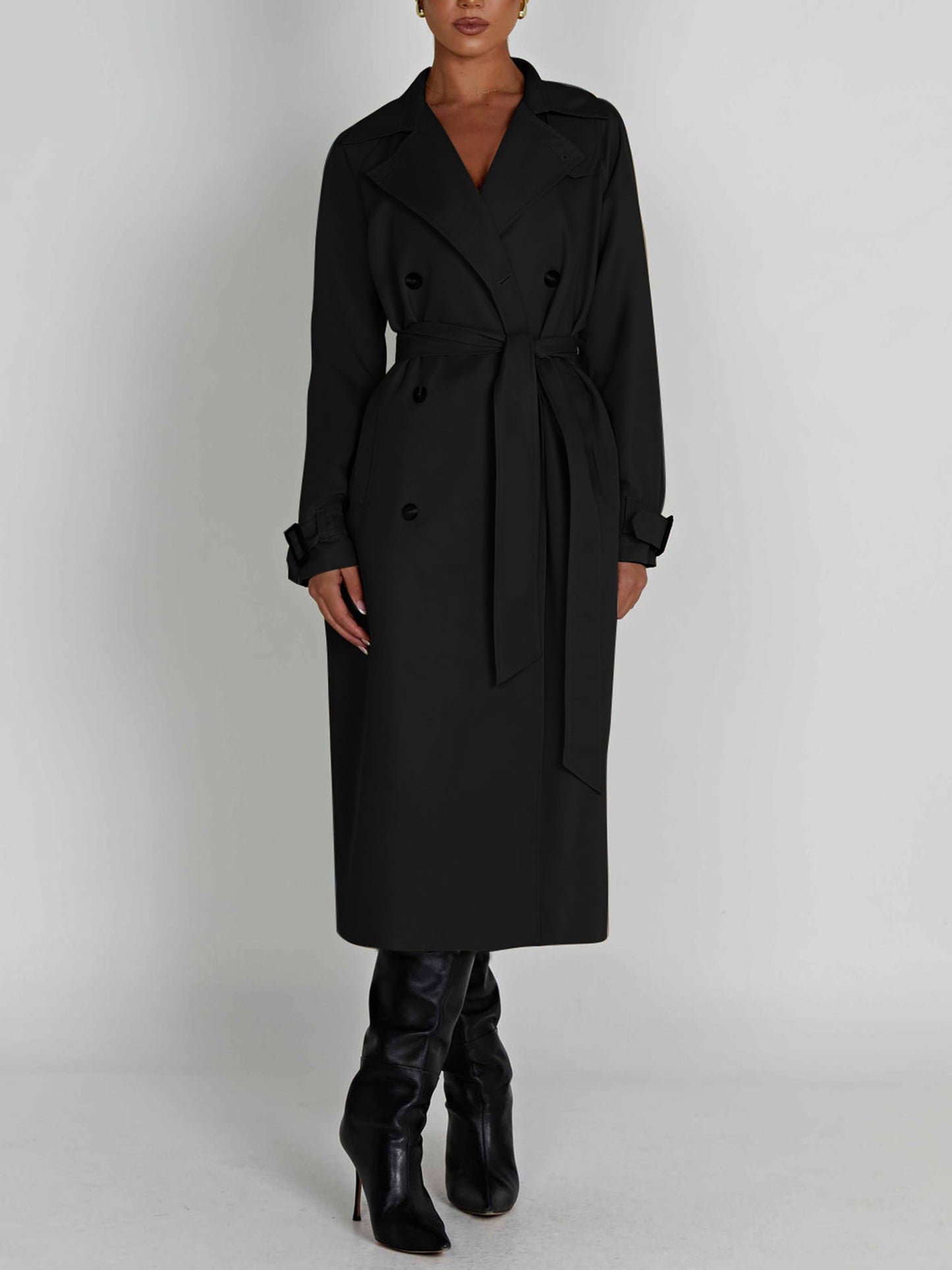 1pc Elegant Women'S Trench Coat - Sexy Solid Color Double-Breasted Long Sleeve Windbreaker with Belt, Polyester Woven Button Front Streetwear Outerwear