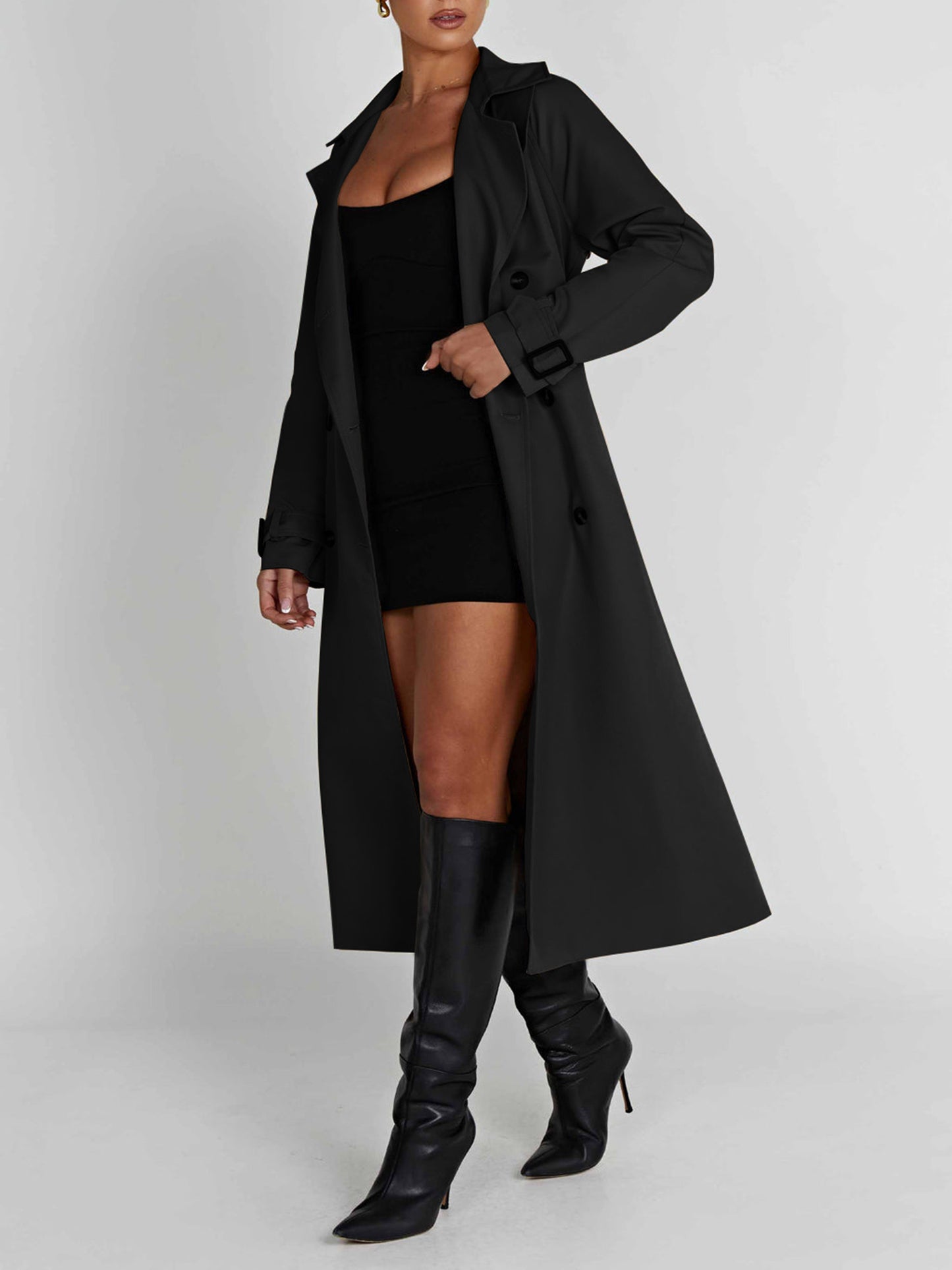 1pc Elegant Women'S Trench Coat - Sexy Solid Color Double-Breasted Long Sleeve Windbreaker with Belt, Polyester Woven Button Front Streetwear Outerwear