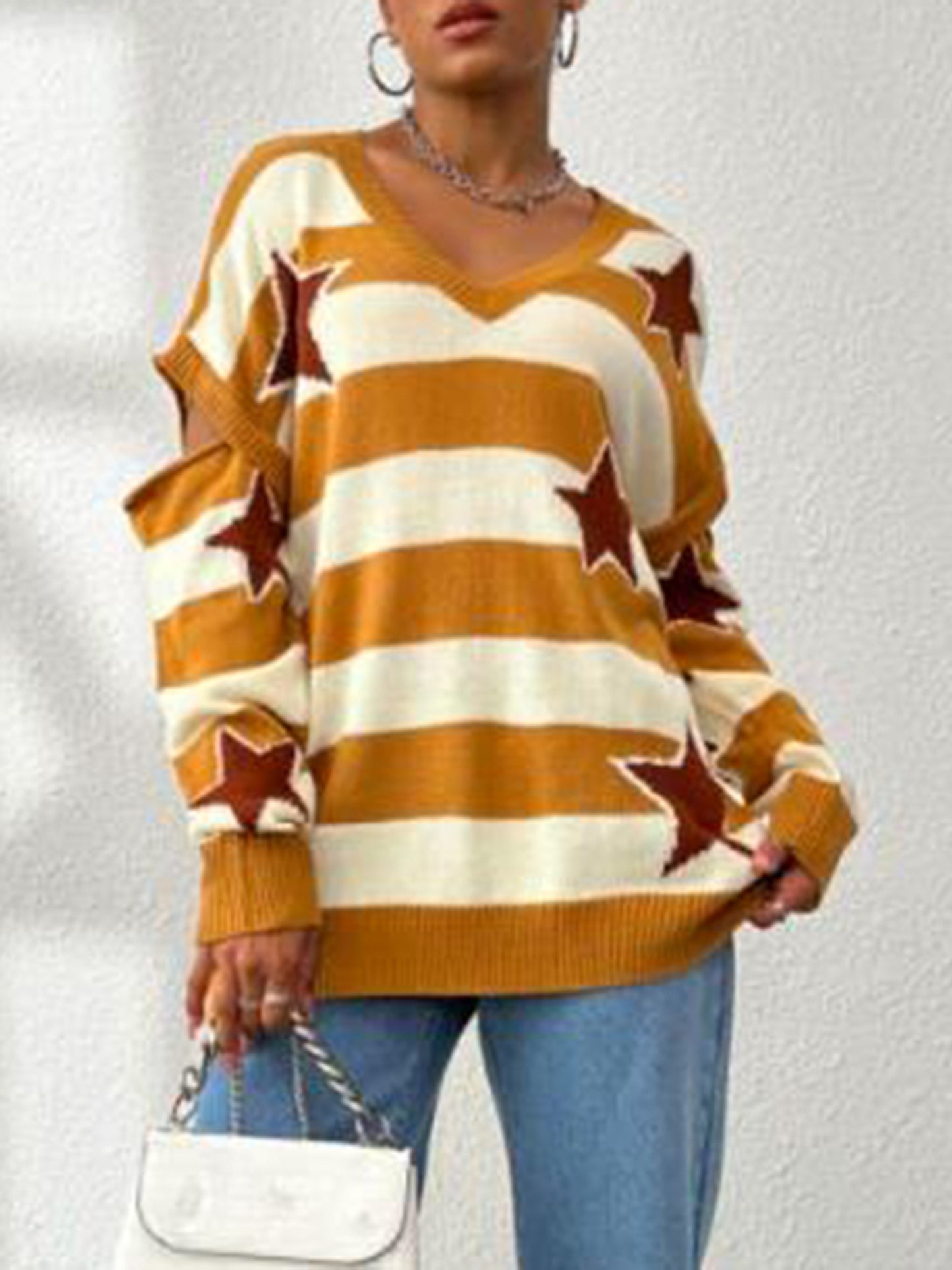Vintage Style Women'S Knit Pullover Sweater, Crew Neck, Striped and Star Pattern, Long Sleeve, with Fake Button Detail, for Fall Season Warm Knit Fabric