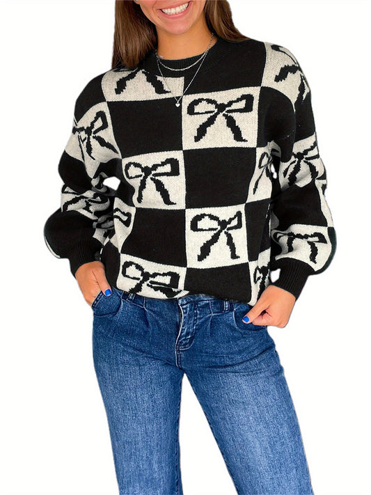 1pc Women'S Casual Crew Neck Knit Sweater - Polyester Long Sleeve Ribbed Top with Checkered Bow Pattern for Fall\u002FWinter