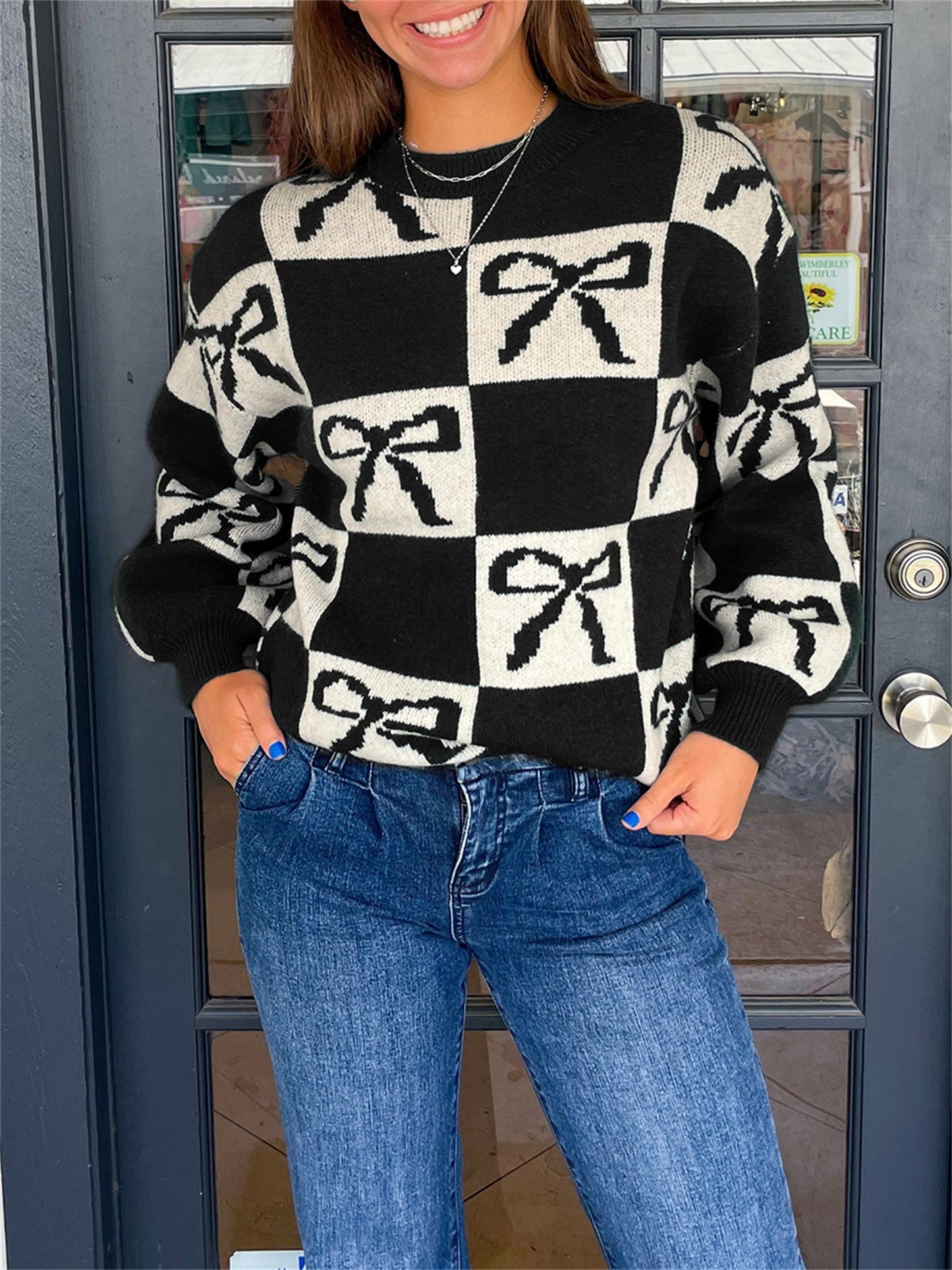 1pc Women'S Casual Crew Neck Knit Sweater - Polyester Long Sleeve Ribbed Top with Checkered Bow Pattern for Fall\u002FWinter