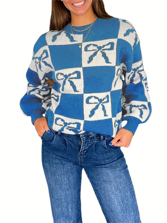 1pc Women'S Casual Crew Neck Knit Sweater - Polyester Long Sleeve Ribbed Top with Checkered Bow Pattern for Fall\u002FWinter