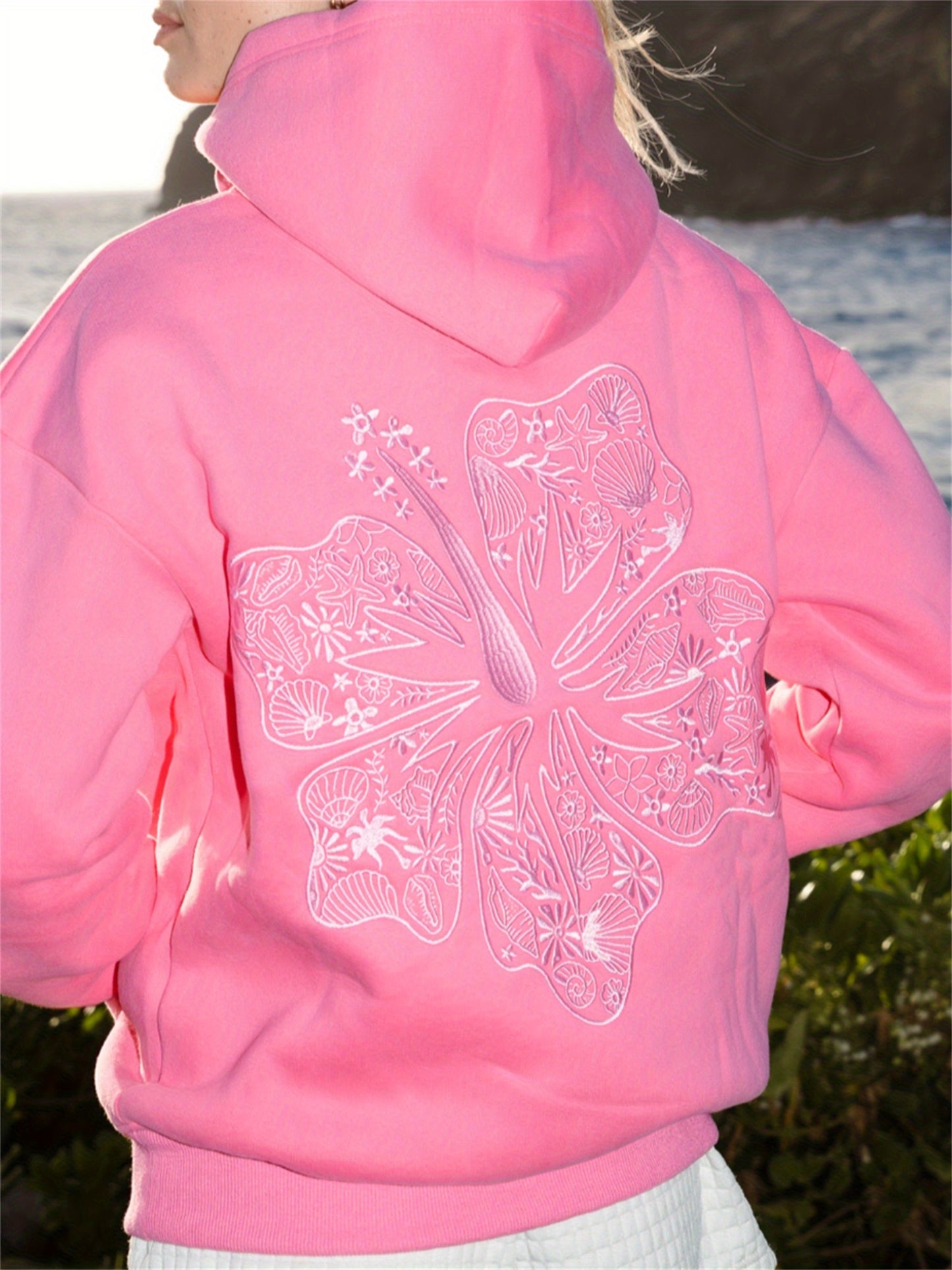 Long Sleeve Crew Neck Knit Polyester Hoodie - Women'S Beach-Themed Sweatshirt with Front Pocket, Slight Stretch, Printed Palm & Shell Design, Casual Sports Style Top