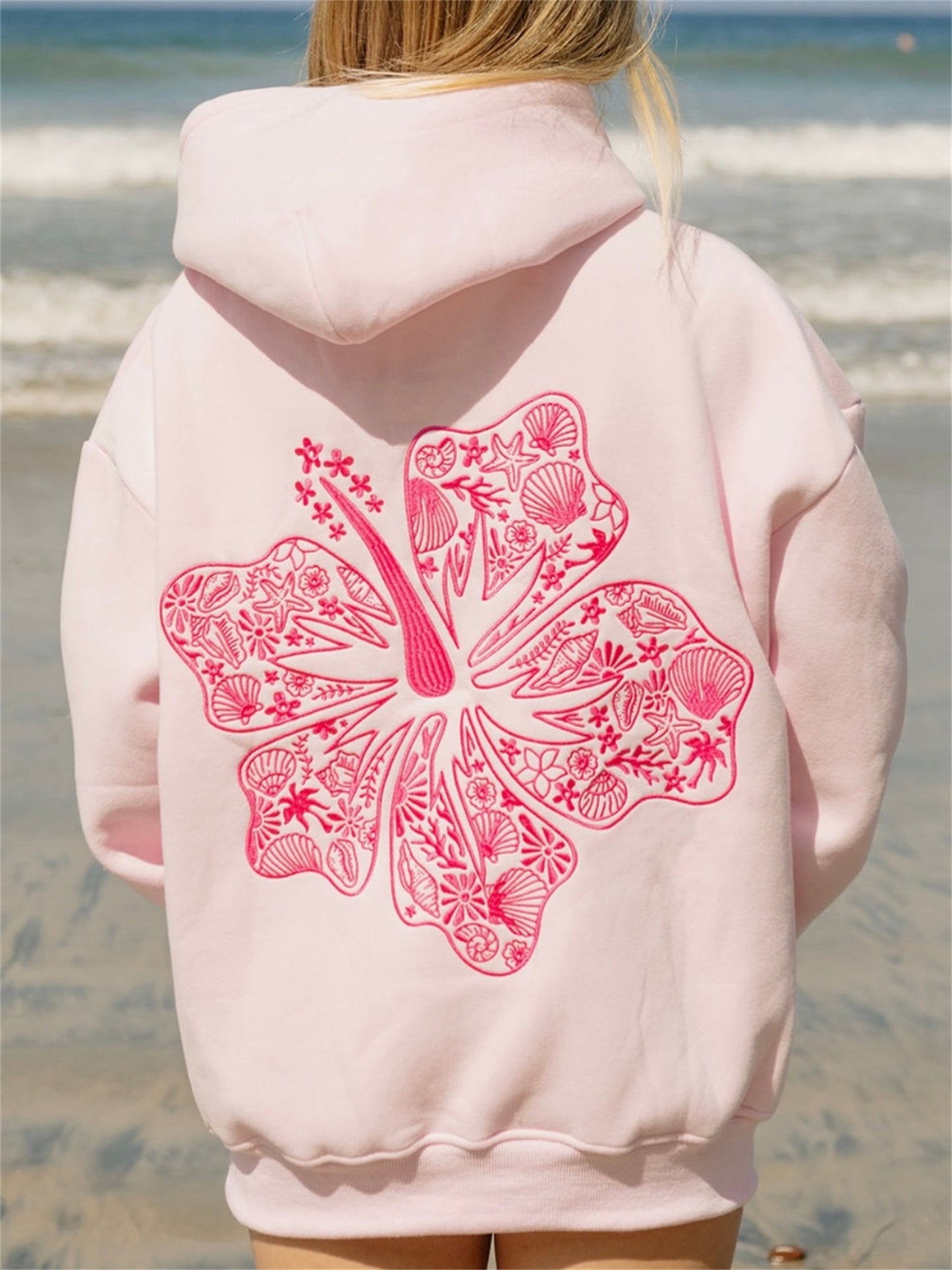 Long Sleeve Crew Neck Knit Polyester Hoodie - Women'S Beach-Themed Sweatshirt with Front Pocket, Slight Stretch, Printed Palm & Shell Design, Casual Sports Style Top