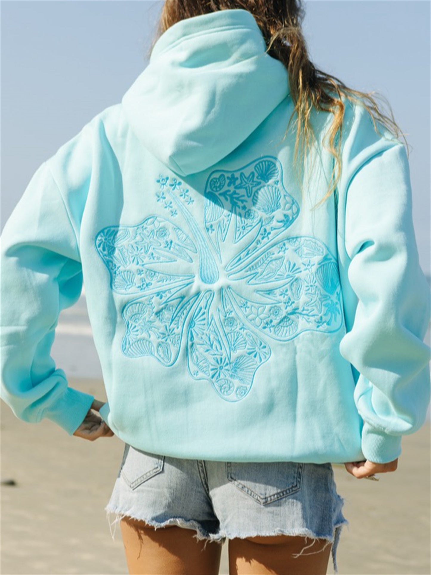 Long Sleeve Crew Neck Knit Polyester Hoodie - Women'S Beach-Themed Sweatshirt with Front Pocket, Slight Stretch, Printed Palm & Shell Design, Casual Sports Style Top